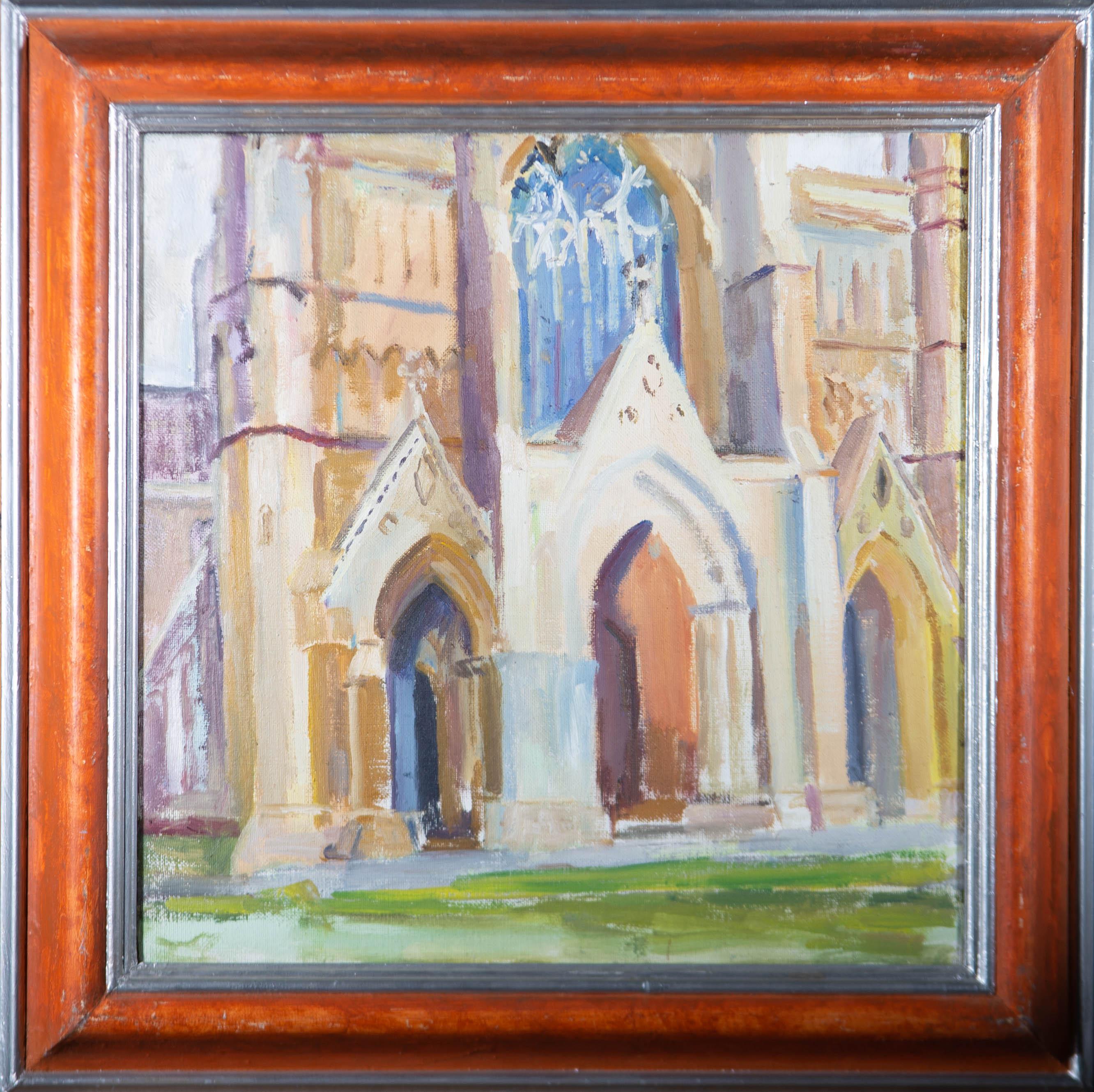 A vibrant oil painting by the artist Pamela Chard, depicting a view of a cathedral. Unsigned. Presented in a painted wooden frame, as shown. On canvas on stretchers.
