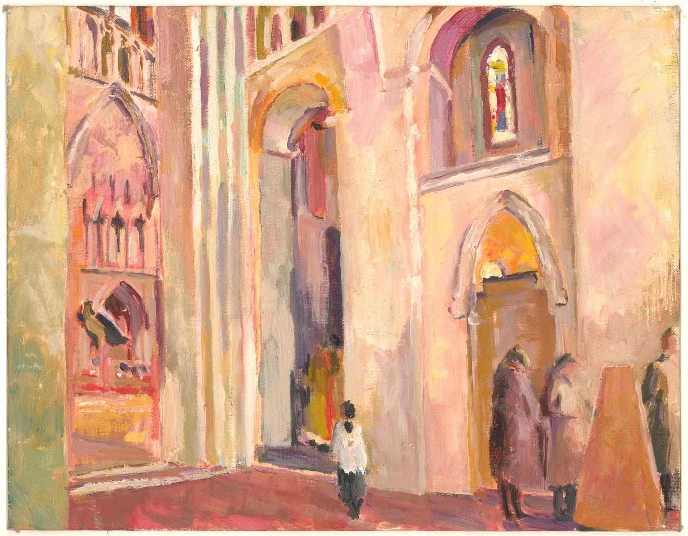 Pamela Chard (1926-2003) - 20th Century Oil, Church Interior with Figures For Sale 2