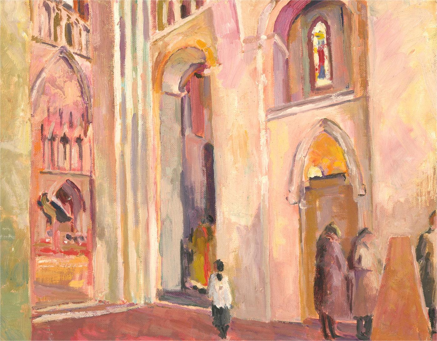 Une belle peinture à l'huile de l'artiste Pamela Chard, représentant un intérieur d'église avec des personnages. Non signée. Sur panneau de toile.