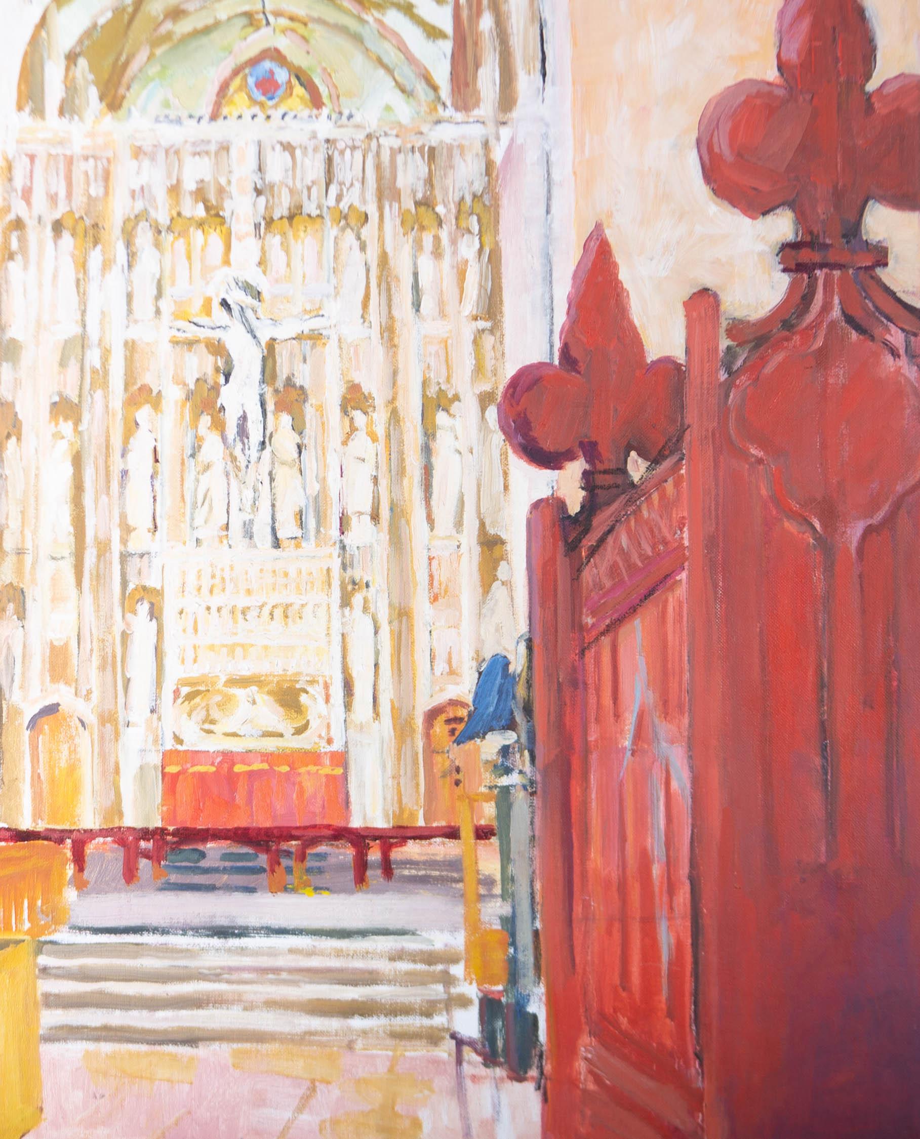 A fine, colourful study of a church interior by the artist Pamela Chard. Well presented in a distress-effect wood frame. Unsigned. On canvas board.