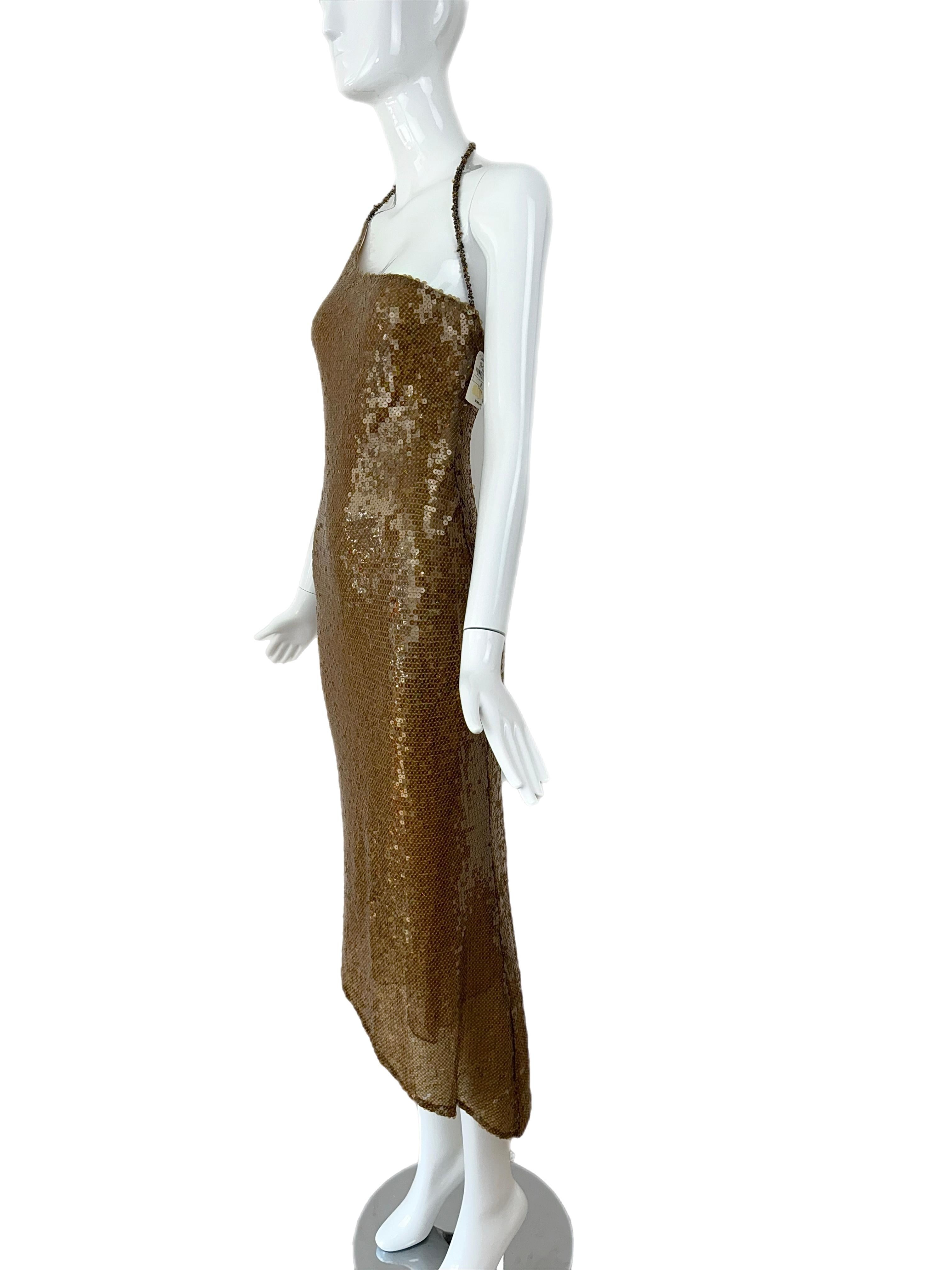 PAMELA DENNIS 2000 Vintage Gold Sequin Midi Dress Halter Backless Beaded In Good Condition In Leonardo, NJ