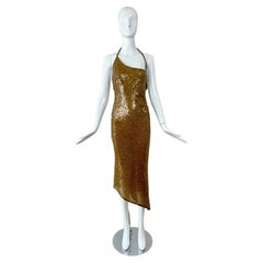 PAMELA DENNIS 2000 Vestido midi de lentejuelas doradas vintage con escote halter y cuentas sin espalda