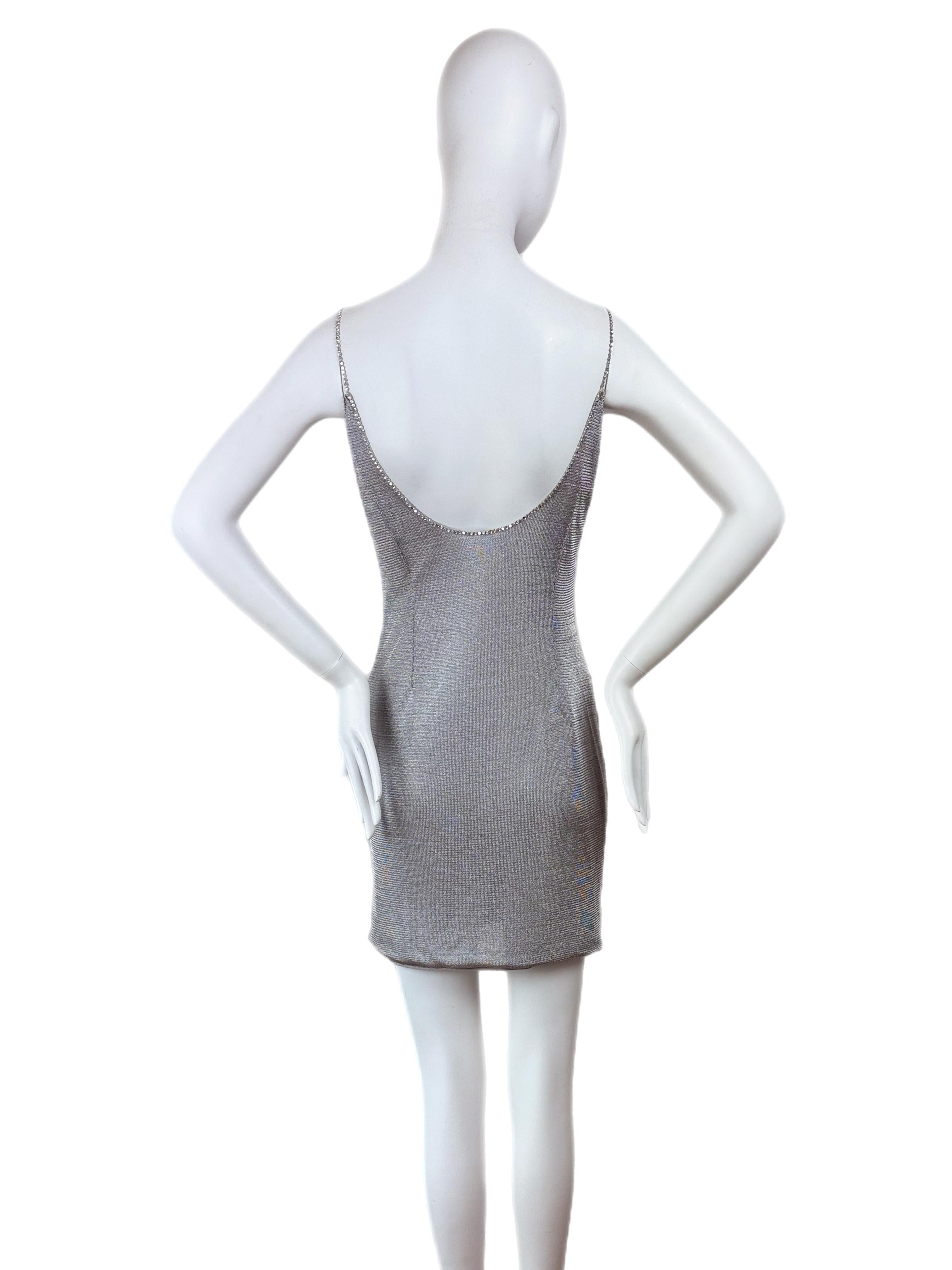 PAMELA DENNIS 90's Vintage Silver Crystal Mini Dress Fred Hayman en vente 4