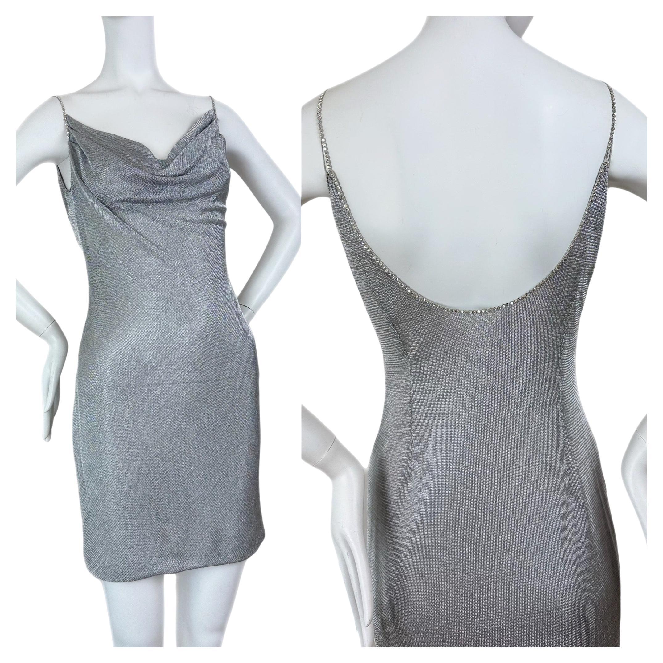 PAMELA DENNIS 90's Vintage Silver Crystal Mini Dress Fred Hayman en vente