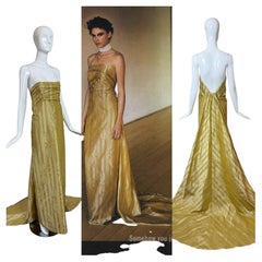 PAMELA DENNIS COUTURE 1998 Vintage Silk Gold Evening Gown Maxi Dress w. Train