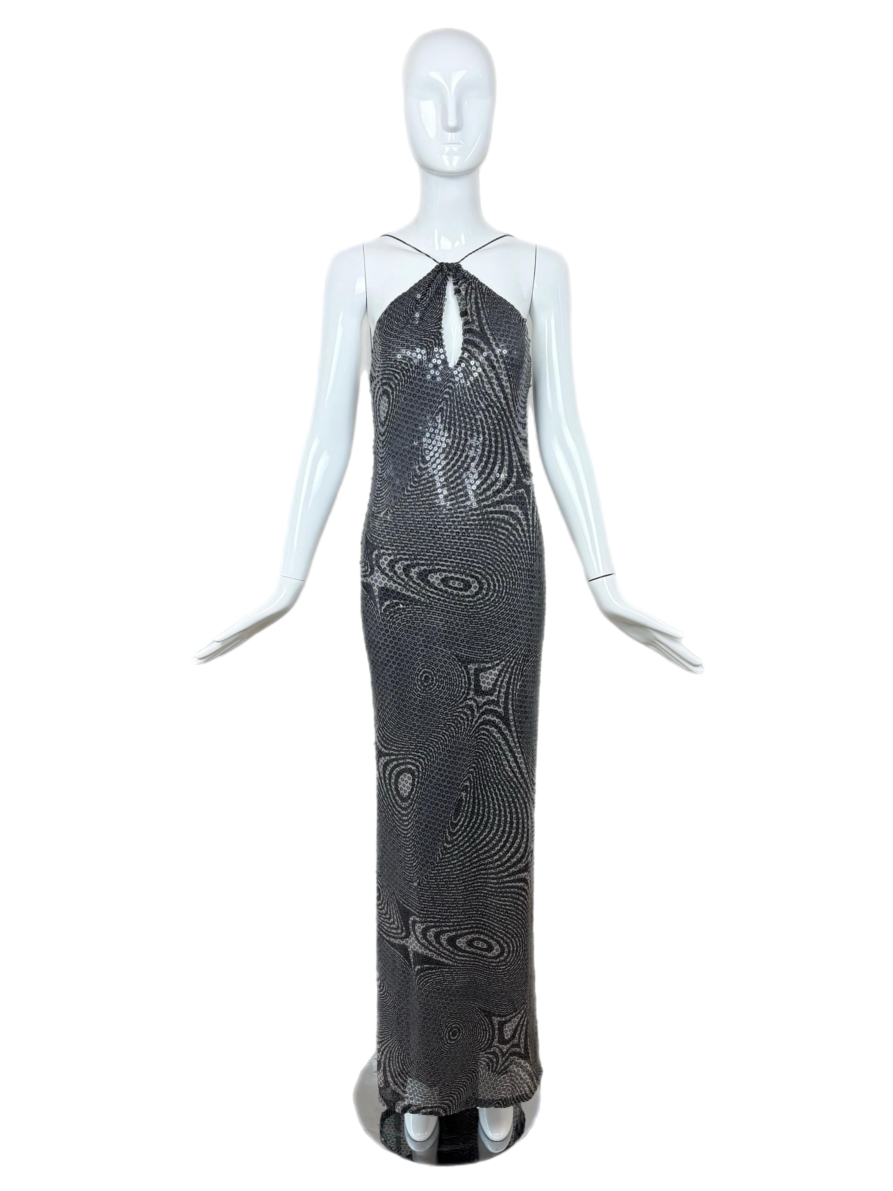 PAMELA DENNIS COUTURE 2001 Vintage Runway Sequin Psychedelic Gown Maxi Dress For Sale 3