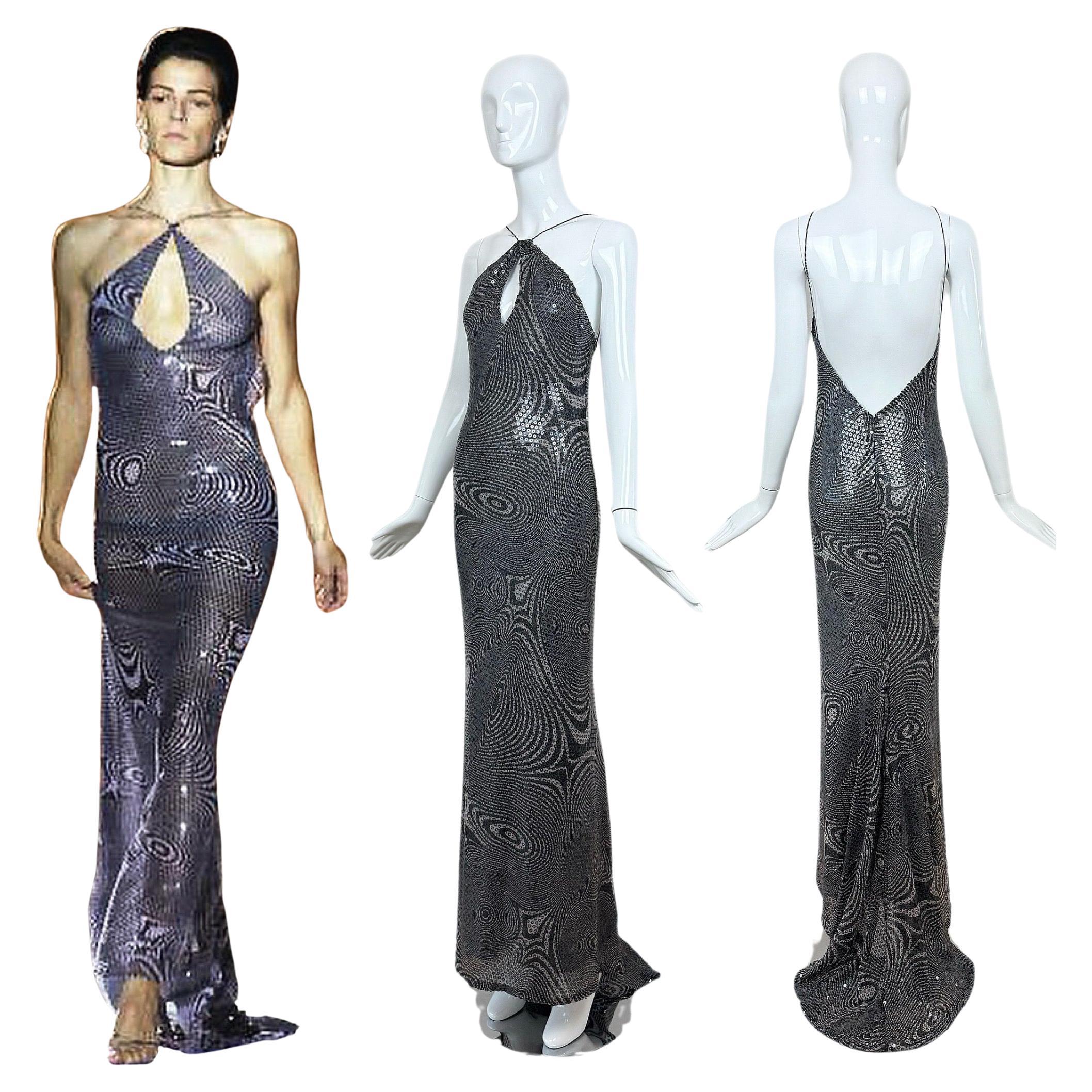 PAMELA DENNIS COUTURE 2001 Vintage Runway Sequin Psychedelic Gown Maxi Dress For Sale