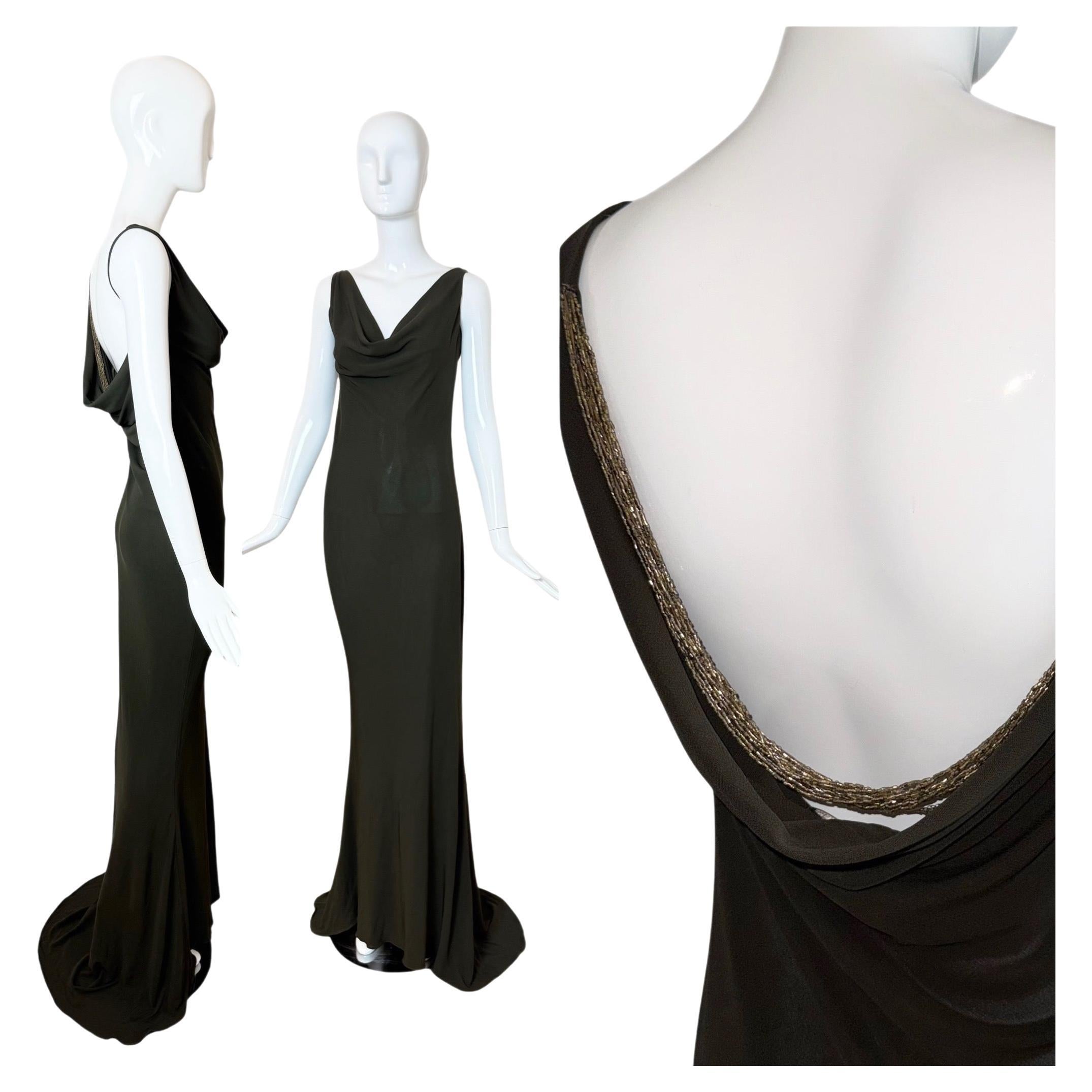PAMELA DENNIS COUTURE 90
s Vintage Hunter Green Beaded Cowl Neck Evening Gown in vendita