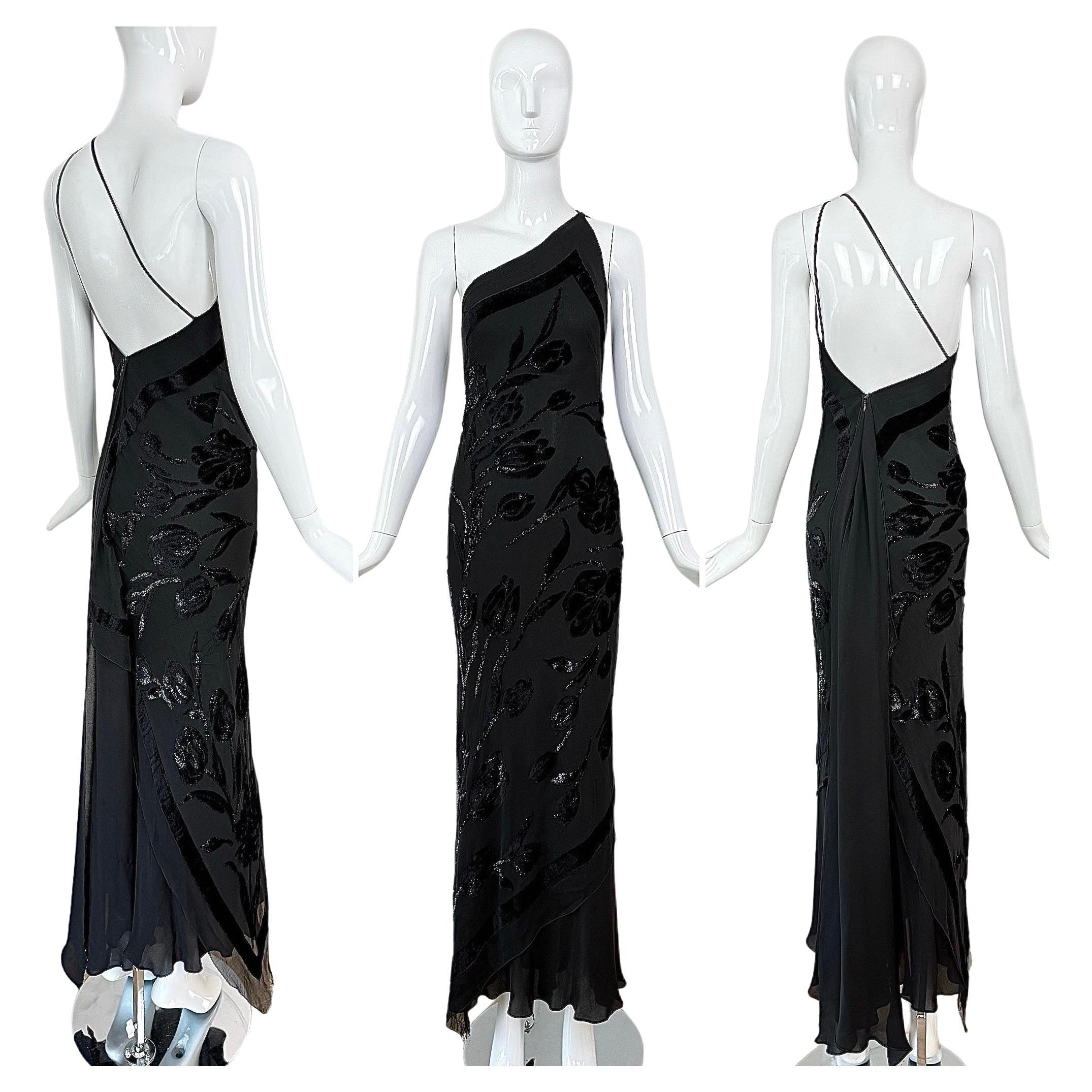 PAMELA DENNIS Vintage Black Silk Asymmetrical Evening Gown Maxi Dress For Sale