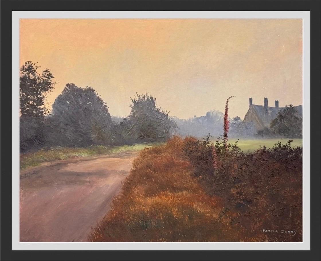 Un tranquillo viottolo di campagna in Inghilterra con volpini nella siepe di un artista britannico