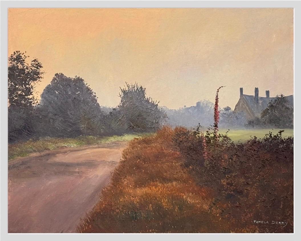 A quiet country lane in England with Foxgloves in the Hedgerow by British Artist - Brown Landscape Painting by Pamela Derry