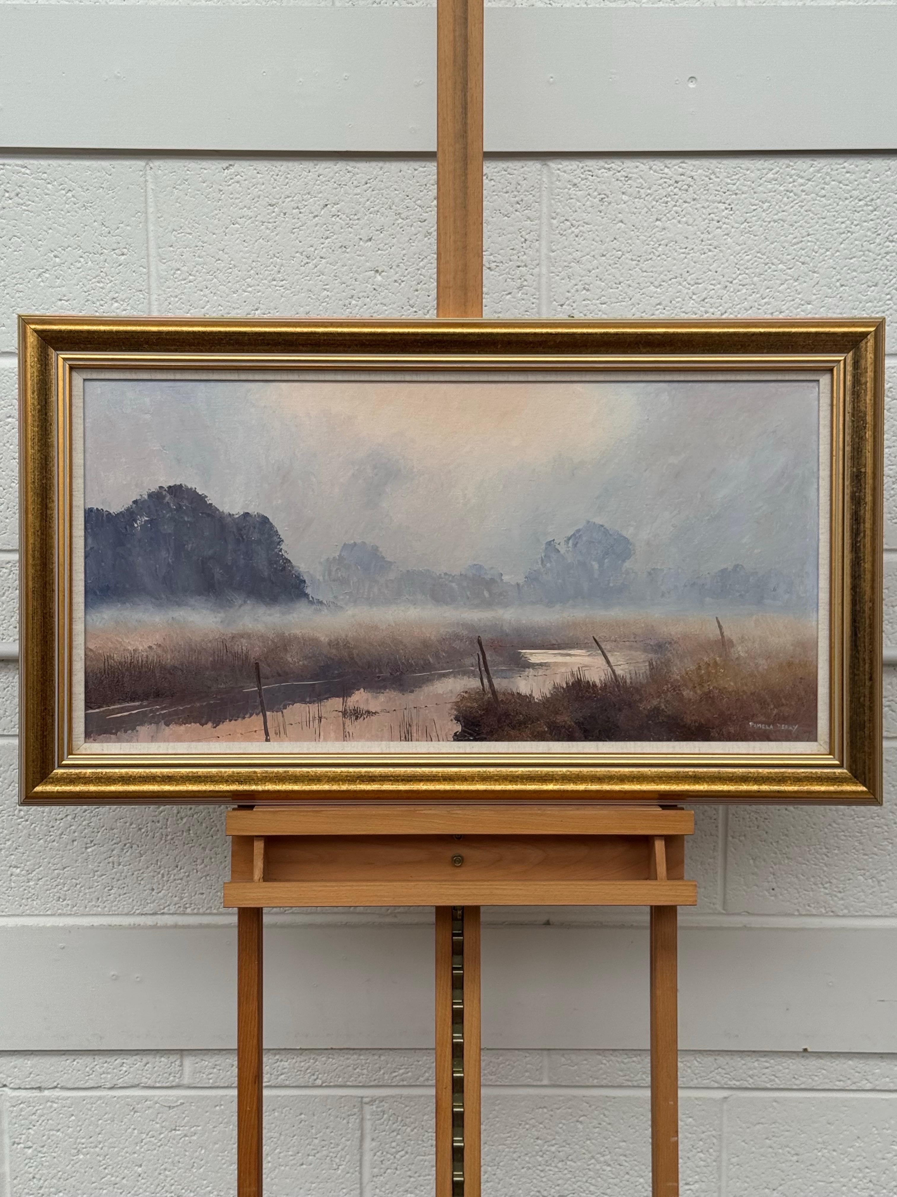 A serene river landscape at dawn with misty trees and soft, warm morning light For Sale 8