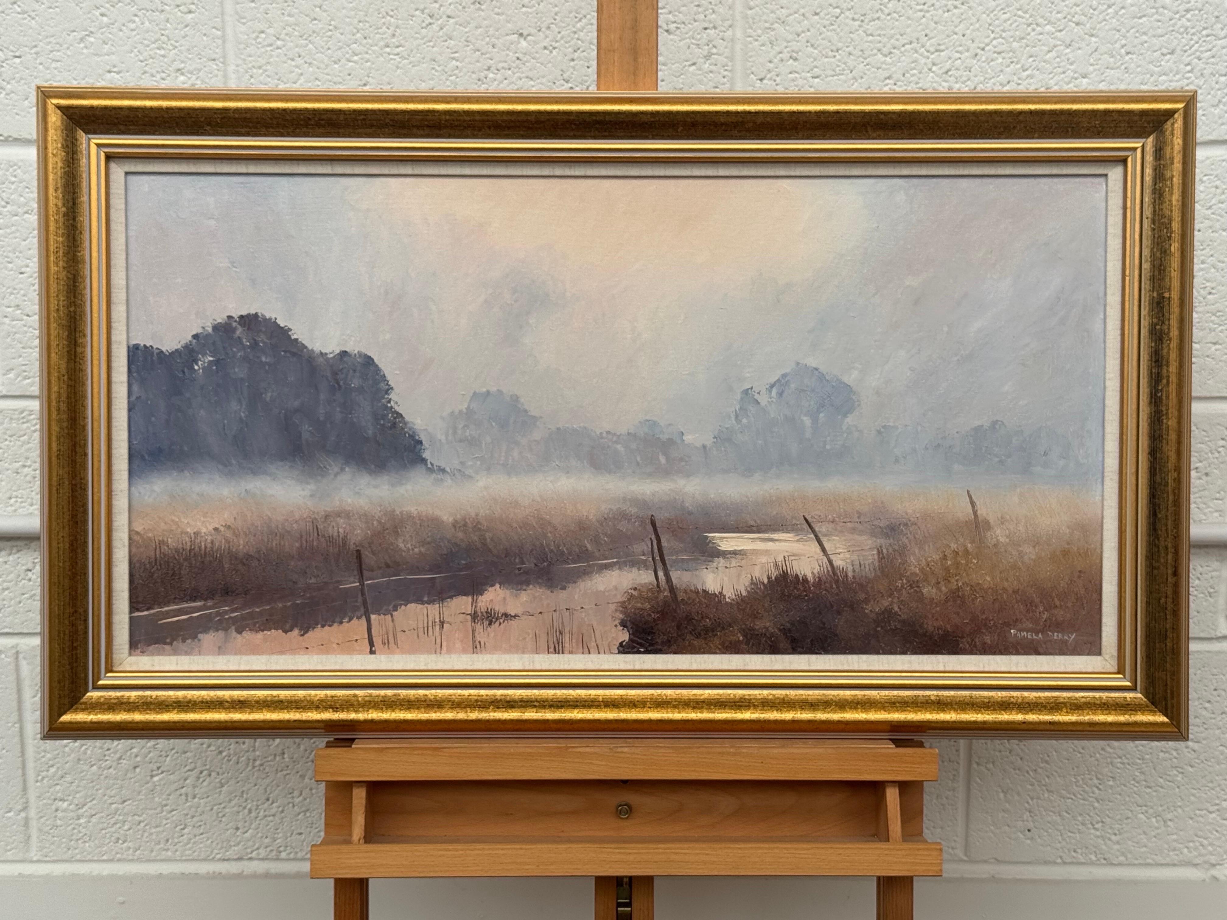 A serene river landscape at dawn with misty trees and soft, warm morning light For Sale 9