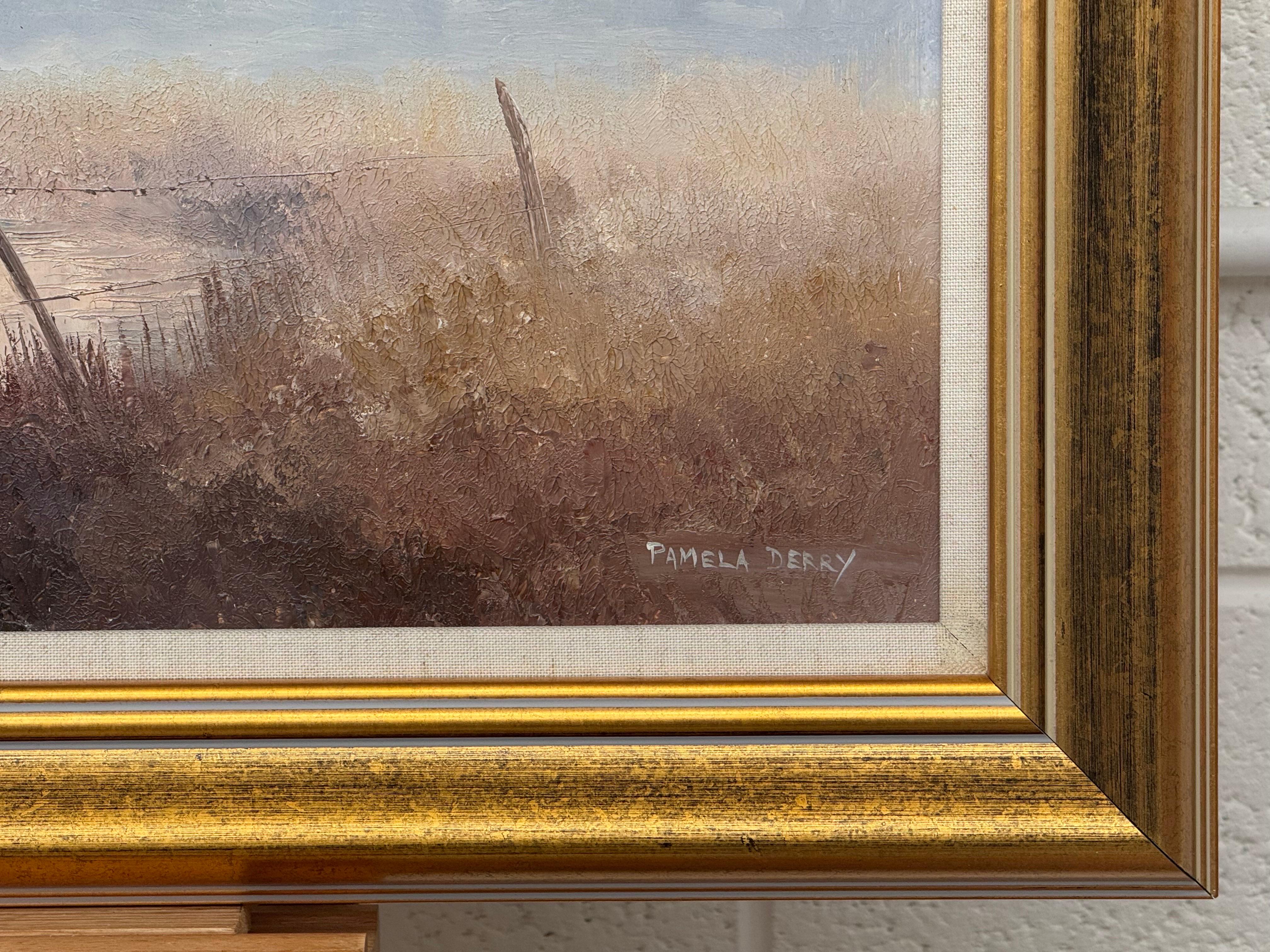 A serene river landscape at dawn with misty trees and soft, warm morning light For Sale 10