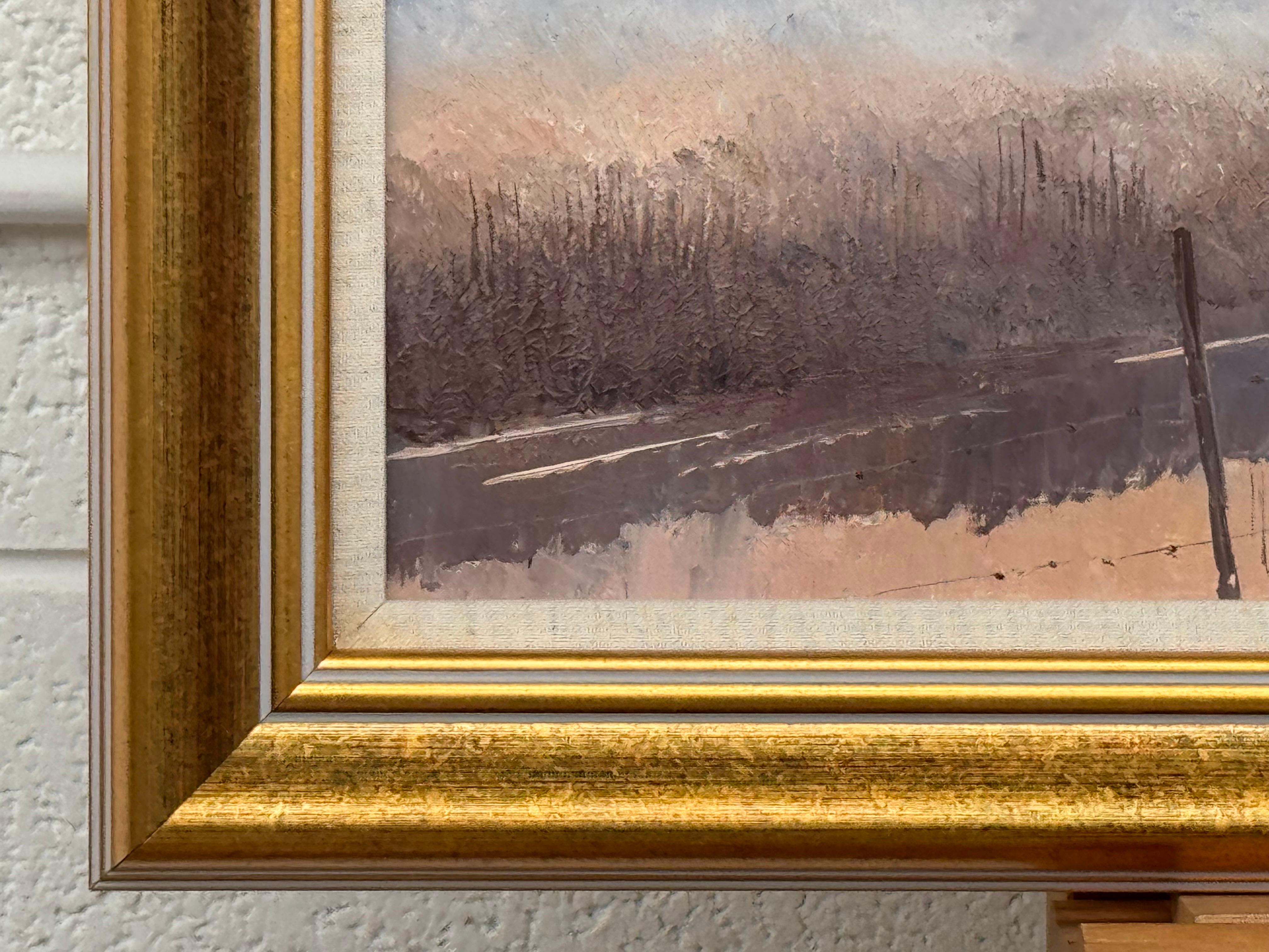 A serene river landscape at dawn with misty trees and soft, warm morning light For Sale 12