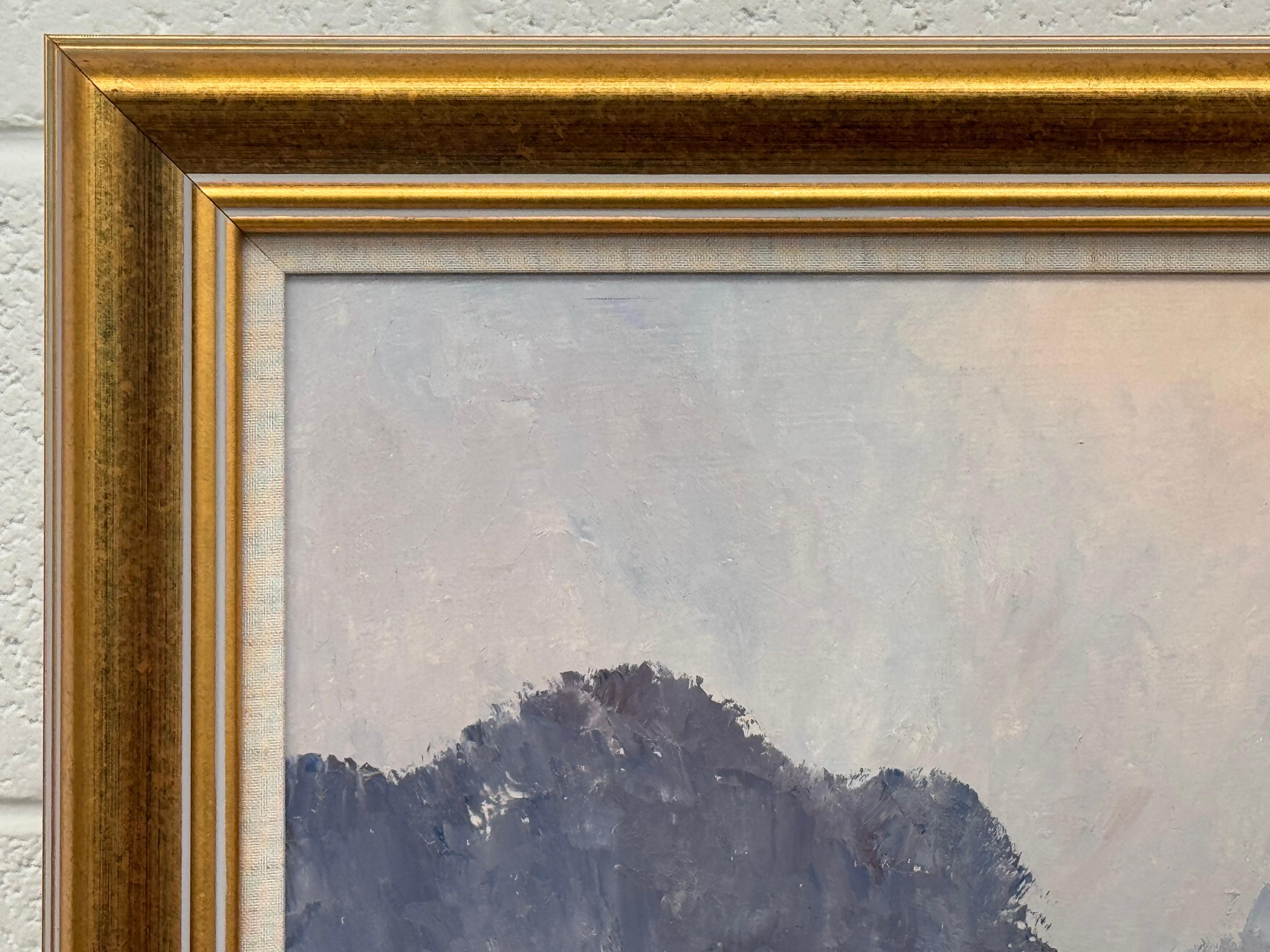 A serene river landscape at dawn with misty trees and soft, warm morning light For Sale 15