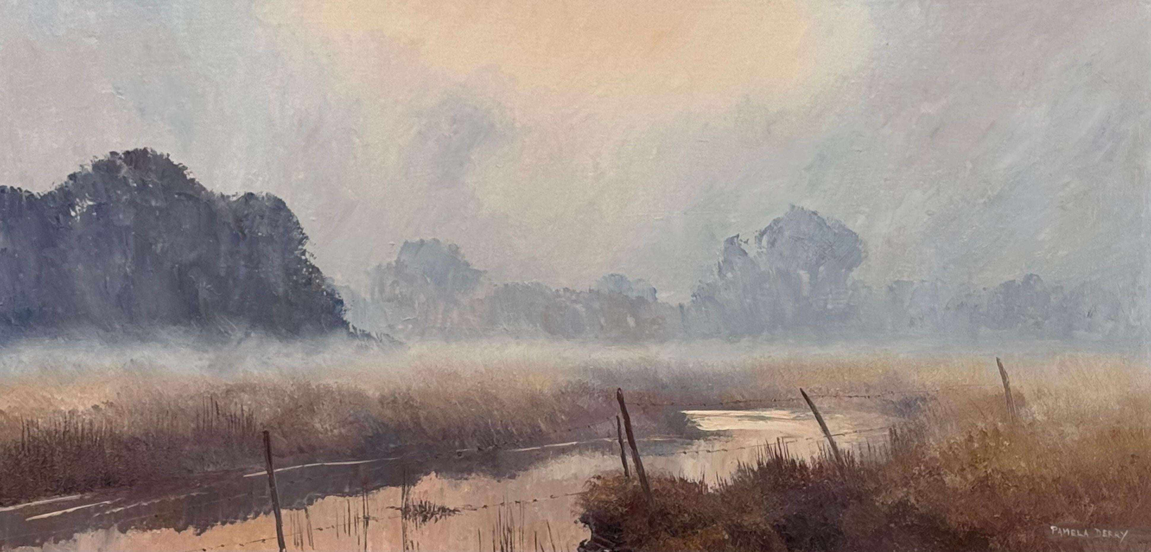A serene river landscape at dawn with misty trees and soft, warm morning light - English School Mixed Media Art by Pamela Derry