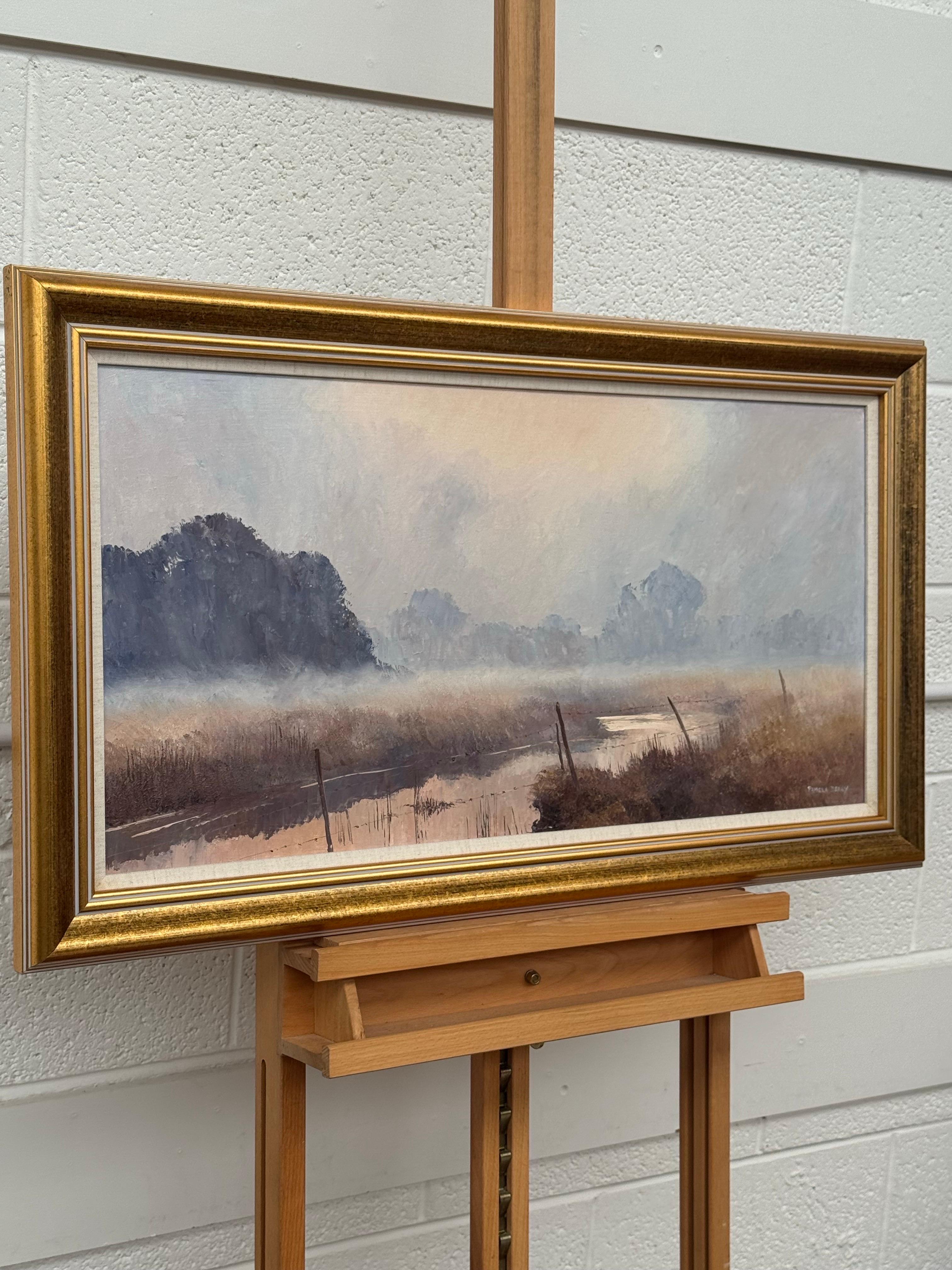 A serene river landscape at dawn with misty trees and soft, warm morning light by 20th Century British Artist, Pamela Derry (1932-2002)

Art measures 31 x 15.5 inches
Frame measures 35 x 19.5 inches

This original oil painting by acclaimed artist