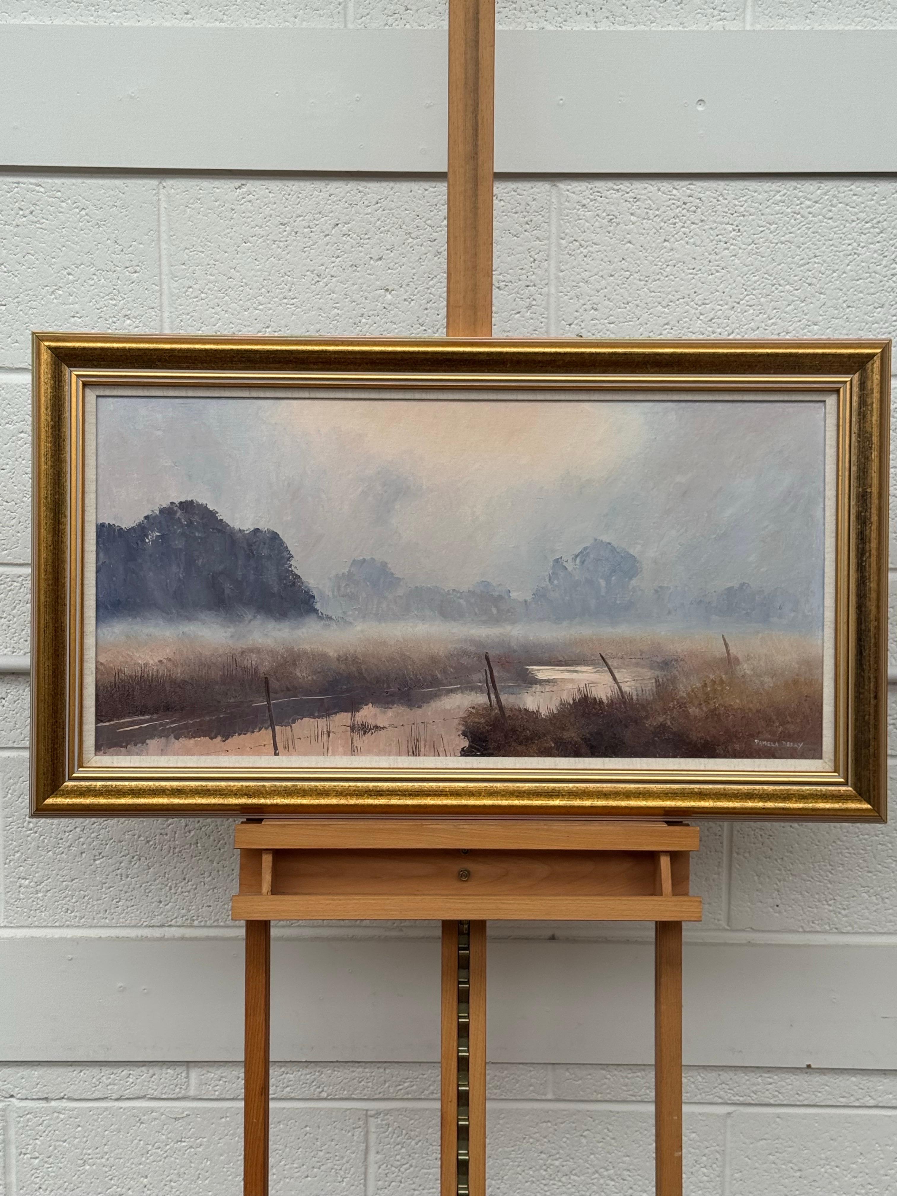 A serene river landscape at dawn with misty trees and soft, warm morning light For Sale 1