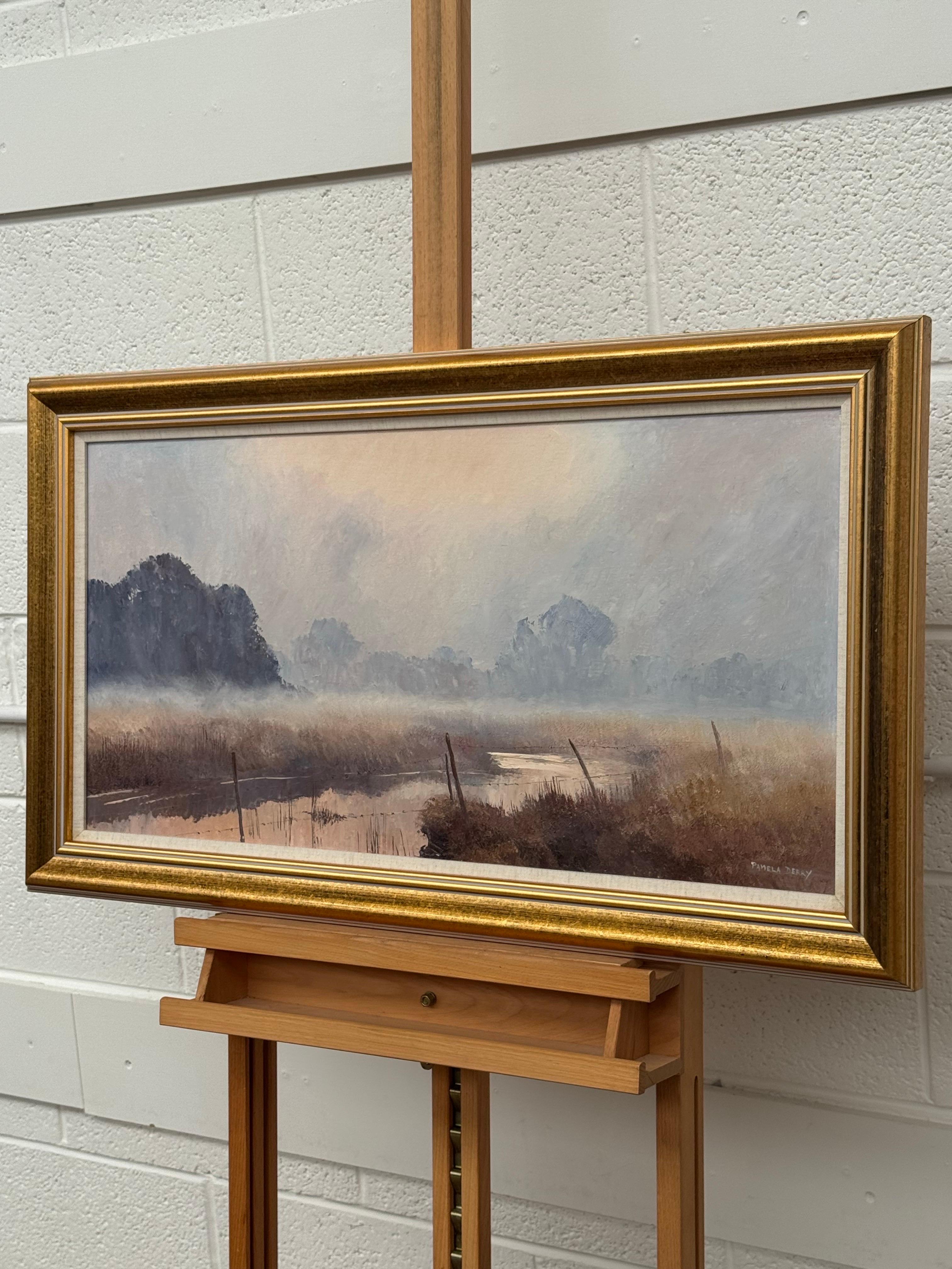 A serene river landscape at dawn with misty trees and soft, warm morning light For Sale 2