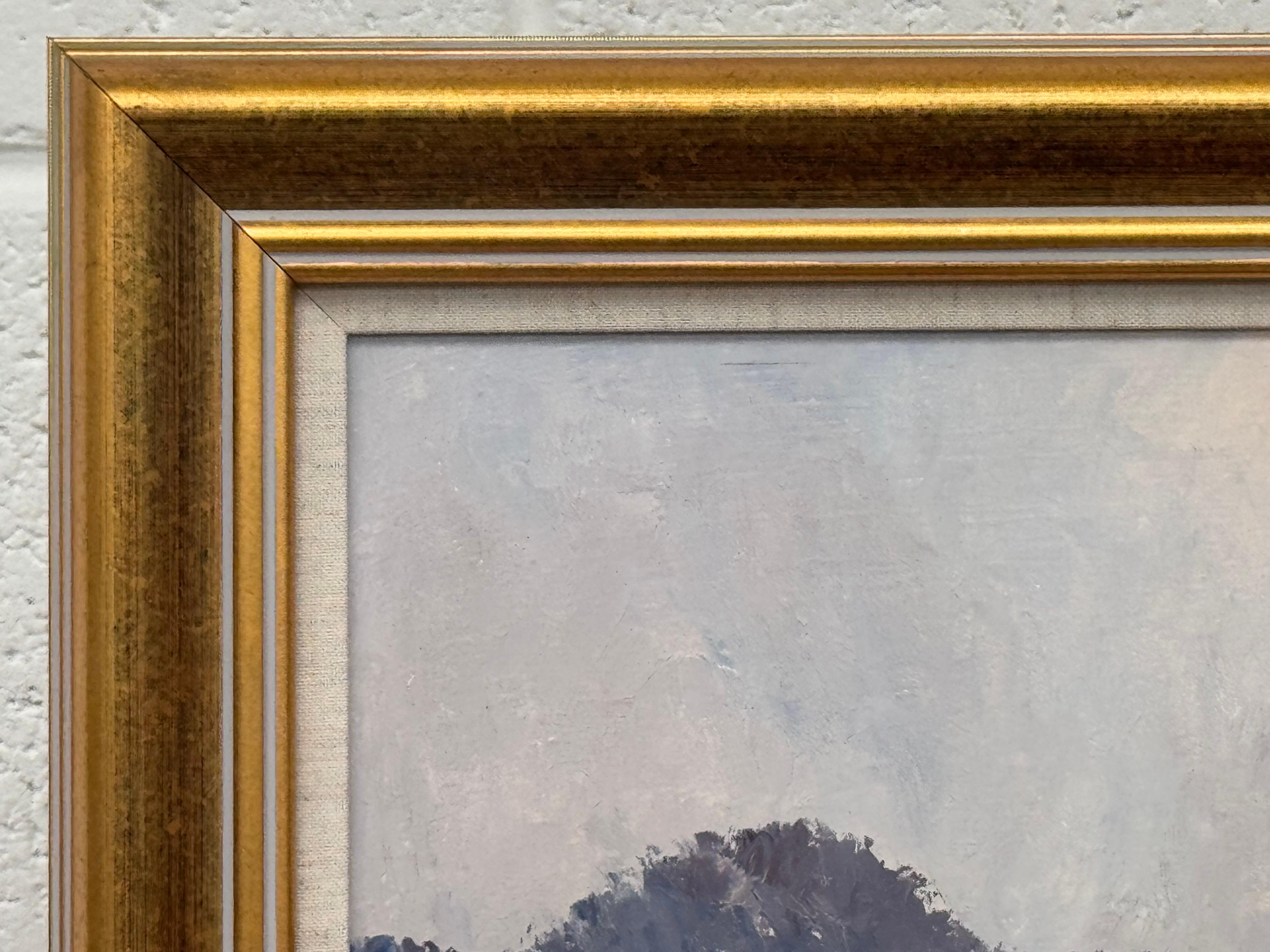 A serene river landscape at dawn with misty trees and soft, warm morning light For Sale 5