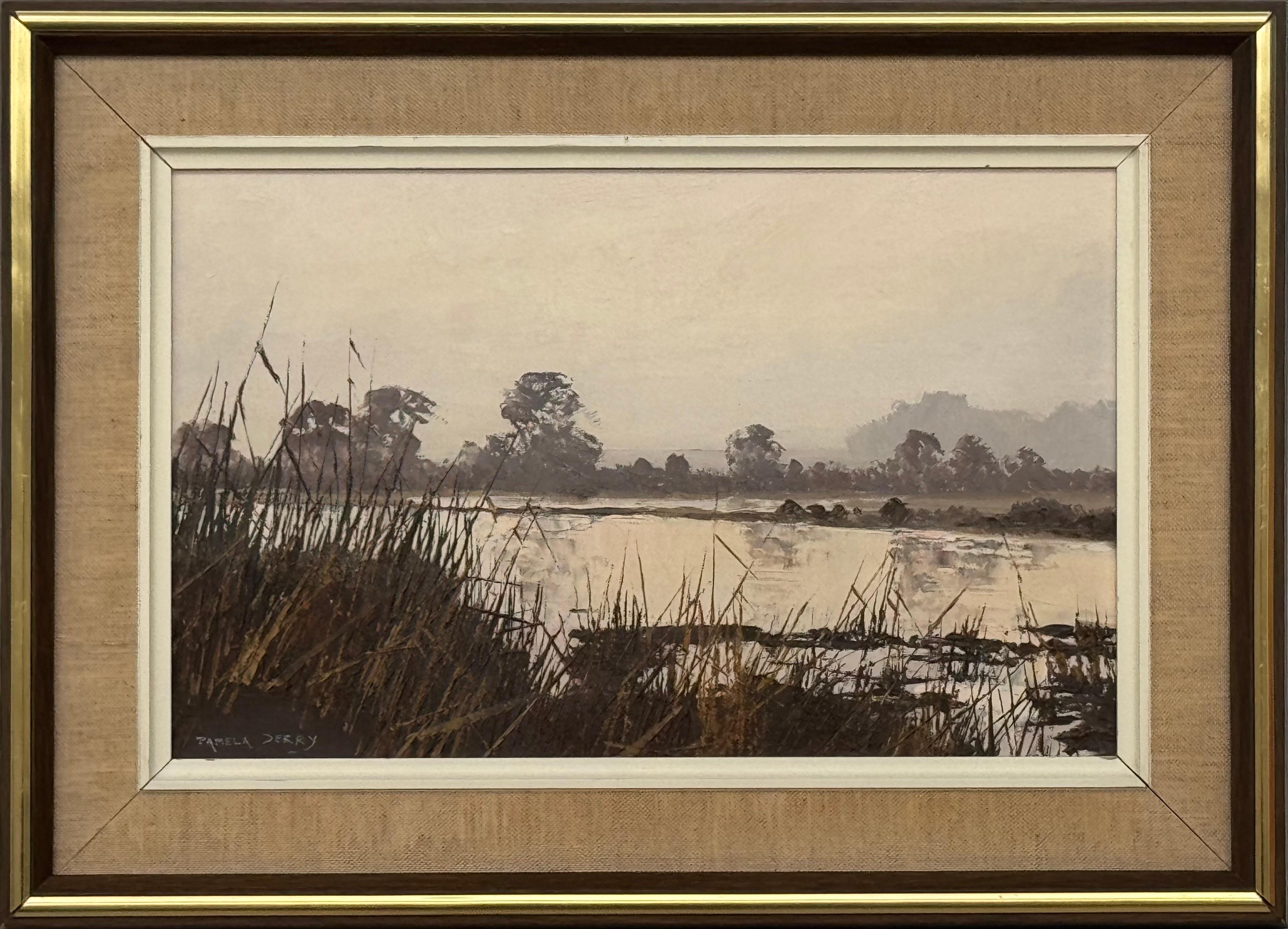 "Golden Brown", "Paesaggio tranquillo lungo il fiume Marsh", olio su tavola, britannico, 1985