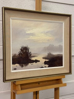 Misty marshland painting with golden dawn, serene reflections, and soft hues