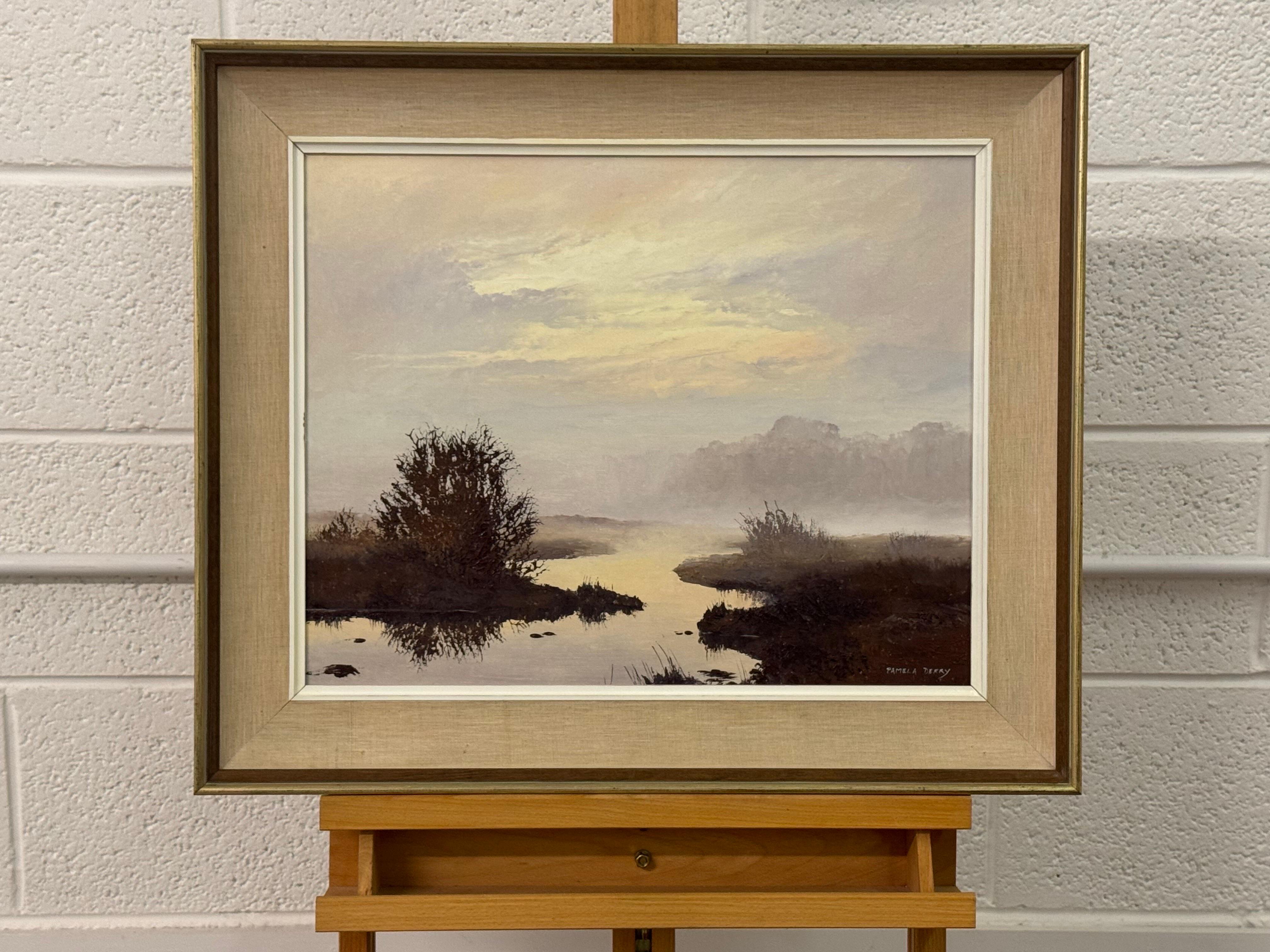 Misty marshland painting with golden dawn, serene reflections, and soft hues by 20th Century British Artist, Pamela Derry (1932-2002)

Art measures 20 x 16 inches
Frame measures 26 x 22 inches

This evocative landscape painting captures the tranquil