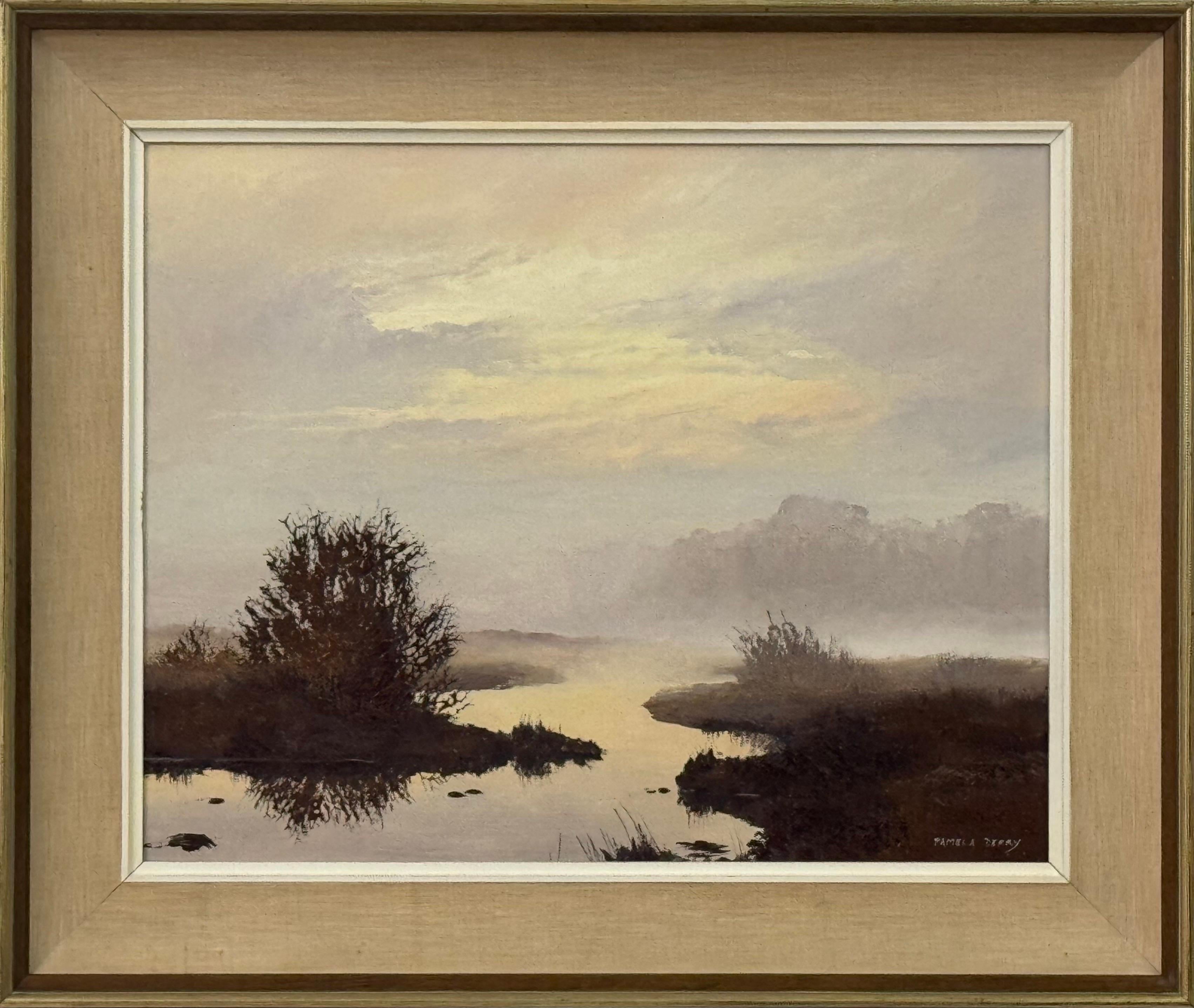 Peinture de marais dorée avec des reflets sereins et des teintes douces