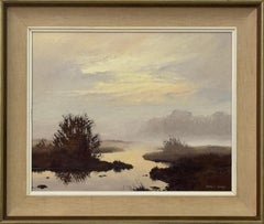 Misty marshland painting with golden dawn, serene reflections, and soft hues