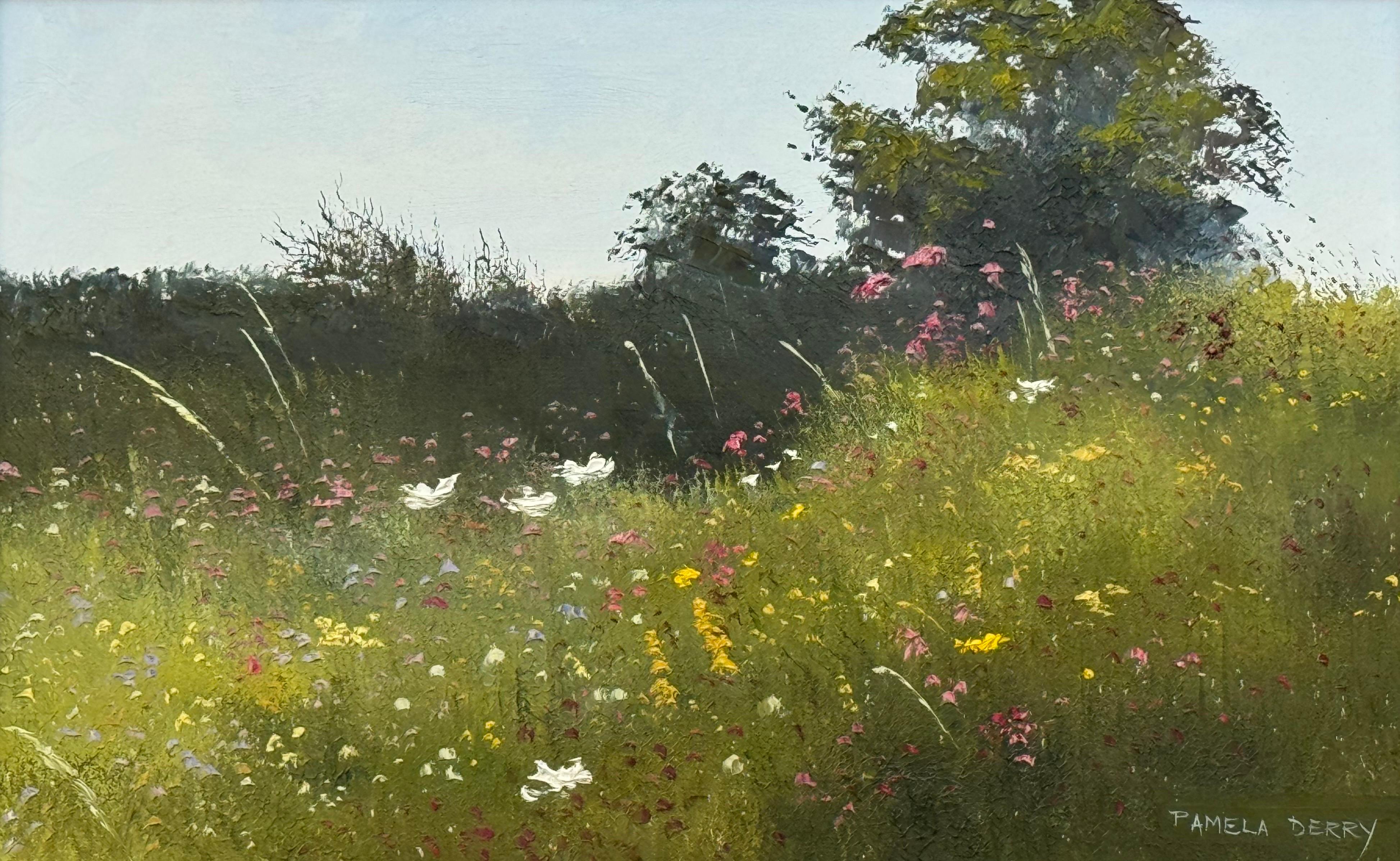 Scena di prato estivo con fiori selvatici e alberi in una serena campagna inglese in vendita 6