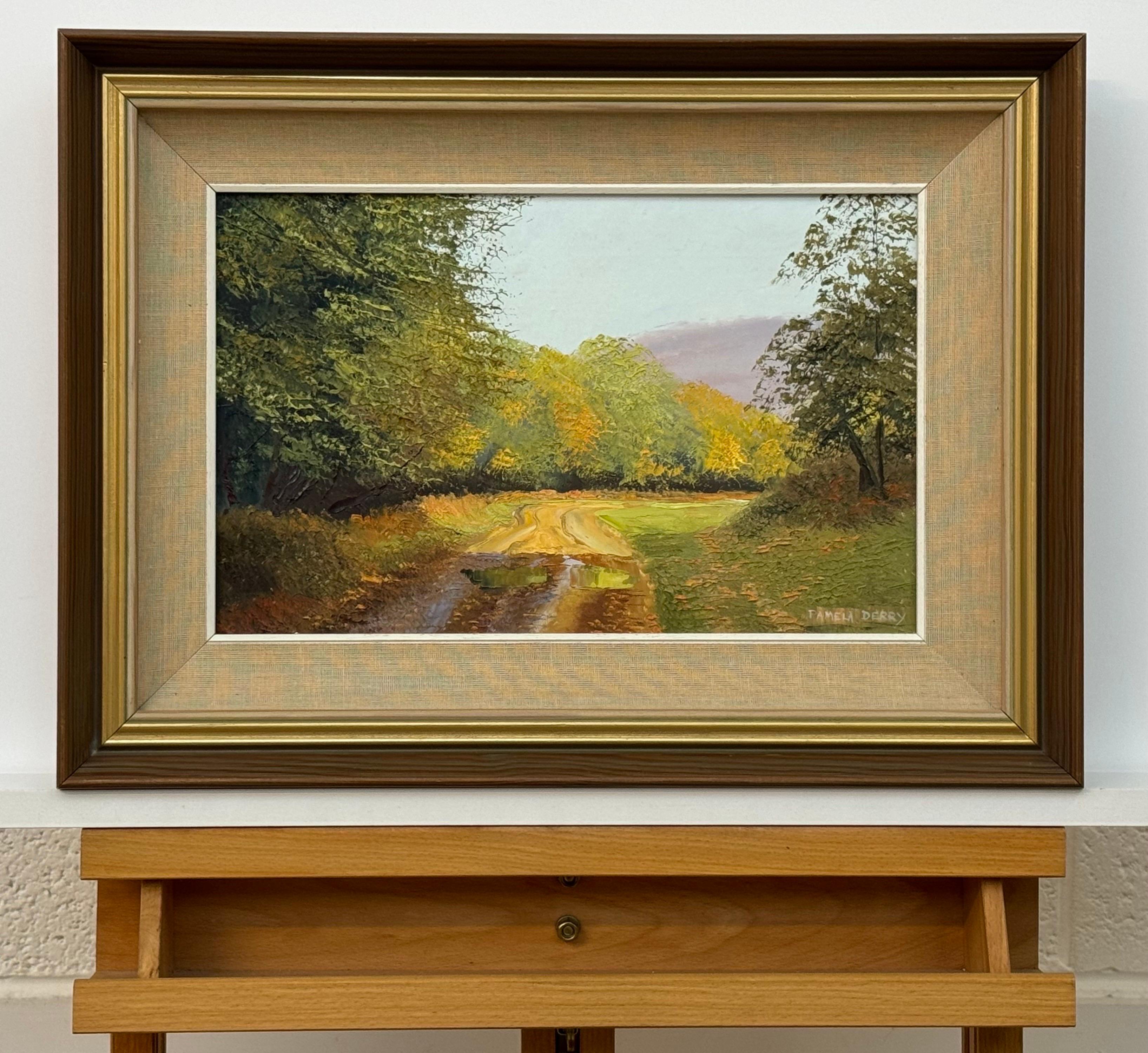 Camino rural iluminado por el sol, exuberante vegetación, tonos otoñales, paisaje rural sereno - Painting Escuela inglesa de Pamela Derry