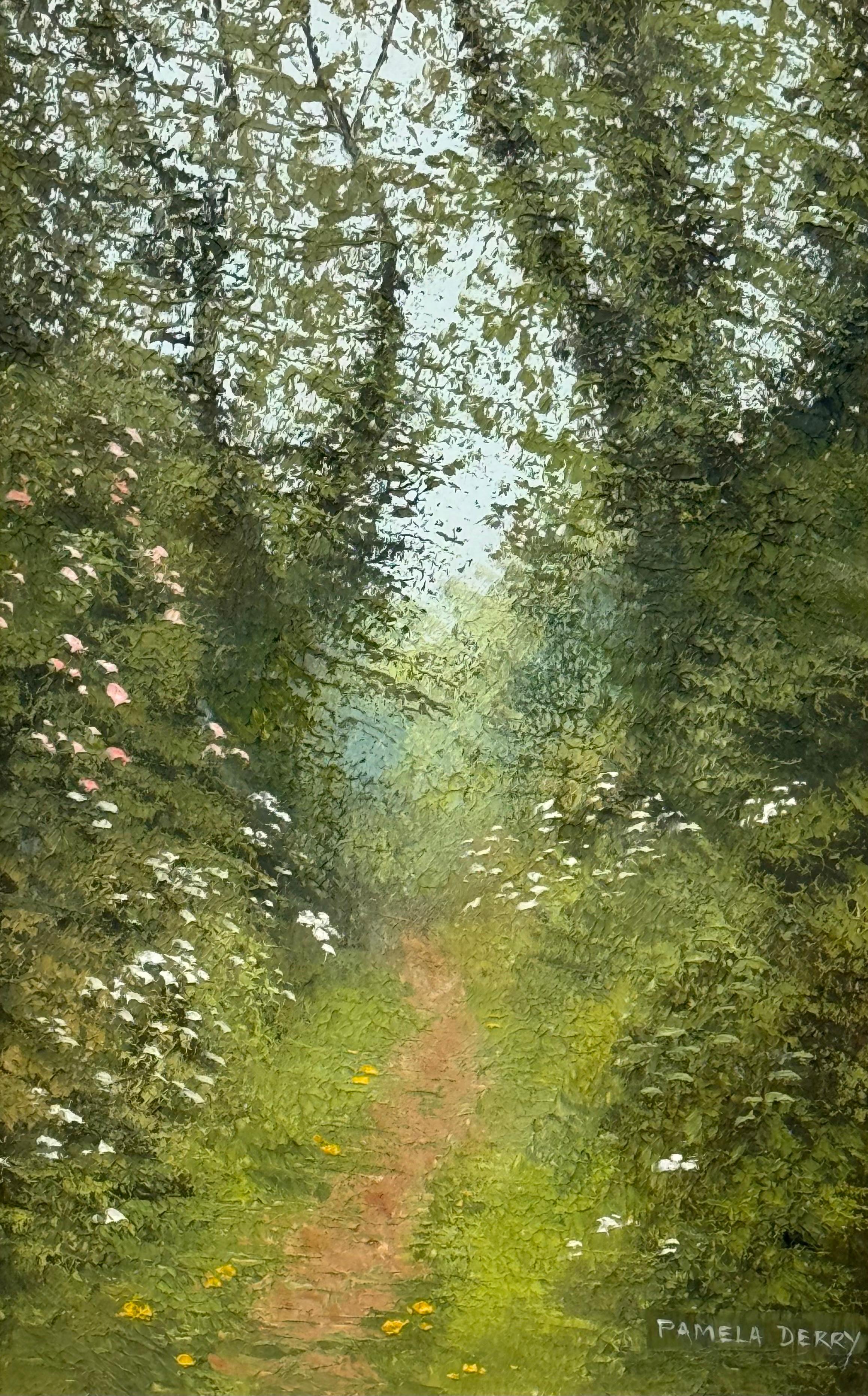 Tranquillo sentiero nel bosco, fitta vegetazione, fiori selvatici, sereno paesaggio Nature 3