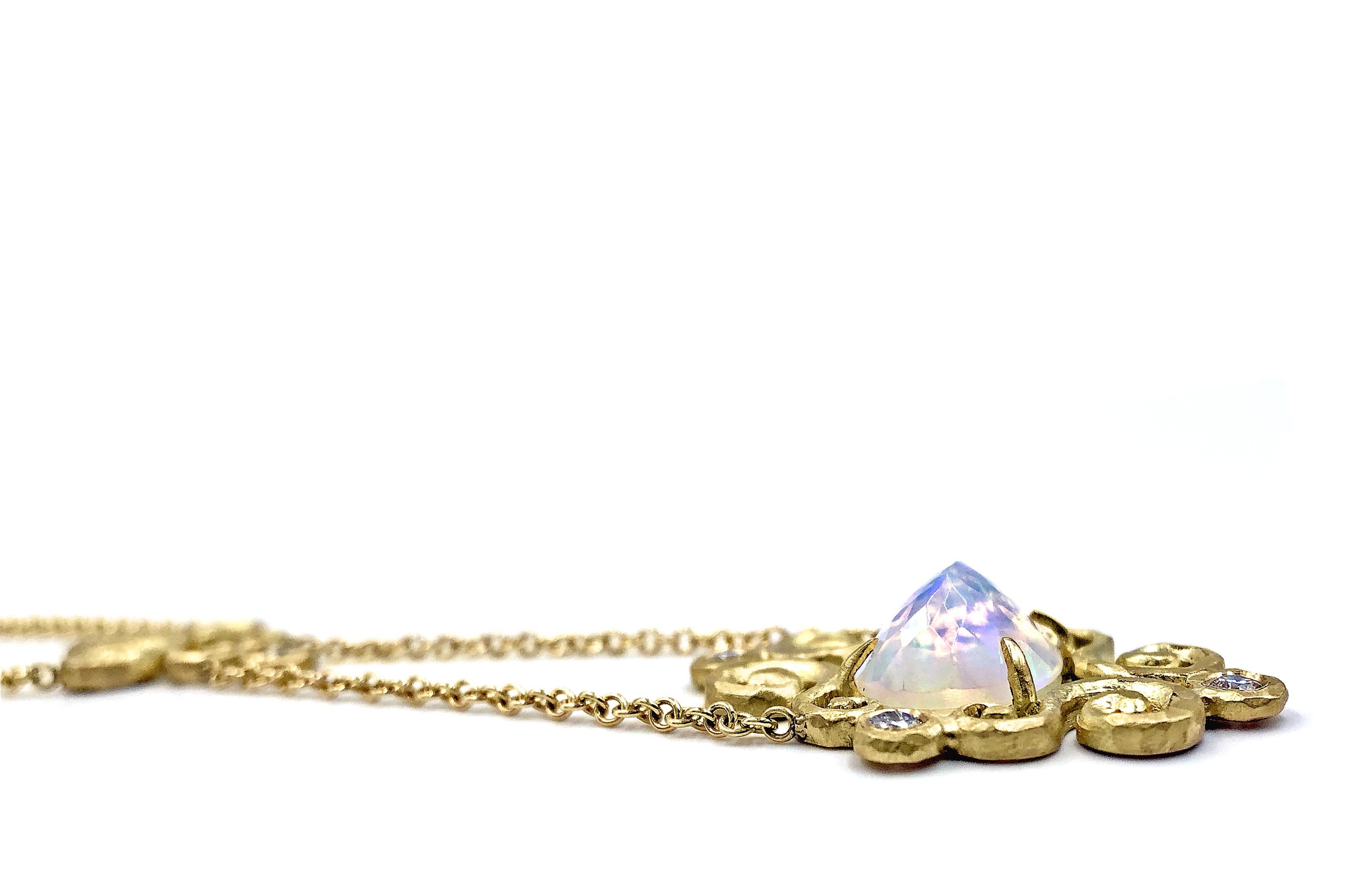 Artist Faceted Rainbow Opal Diamond Gold Arabesque Drop Necklace, Pamela Froman 2021