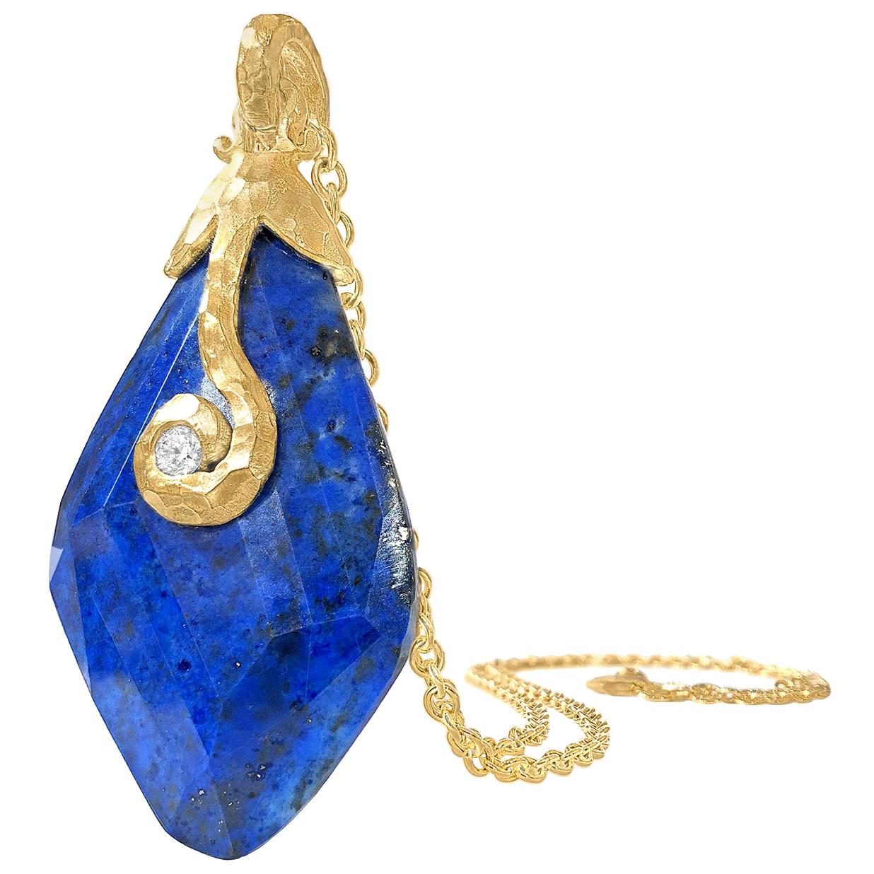 Pamela Froman Faceted Lapis Diamond Hammered Gold Pendant Drop Necklace