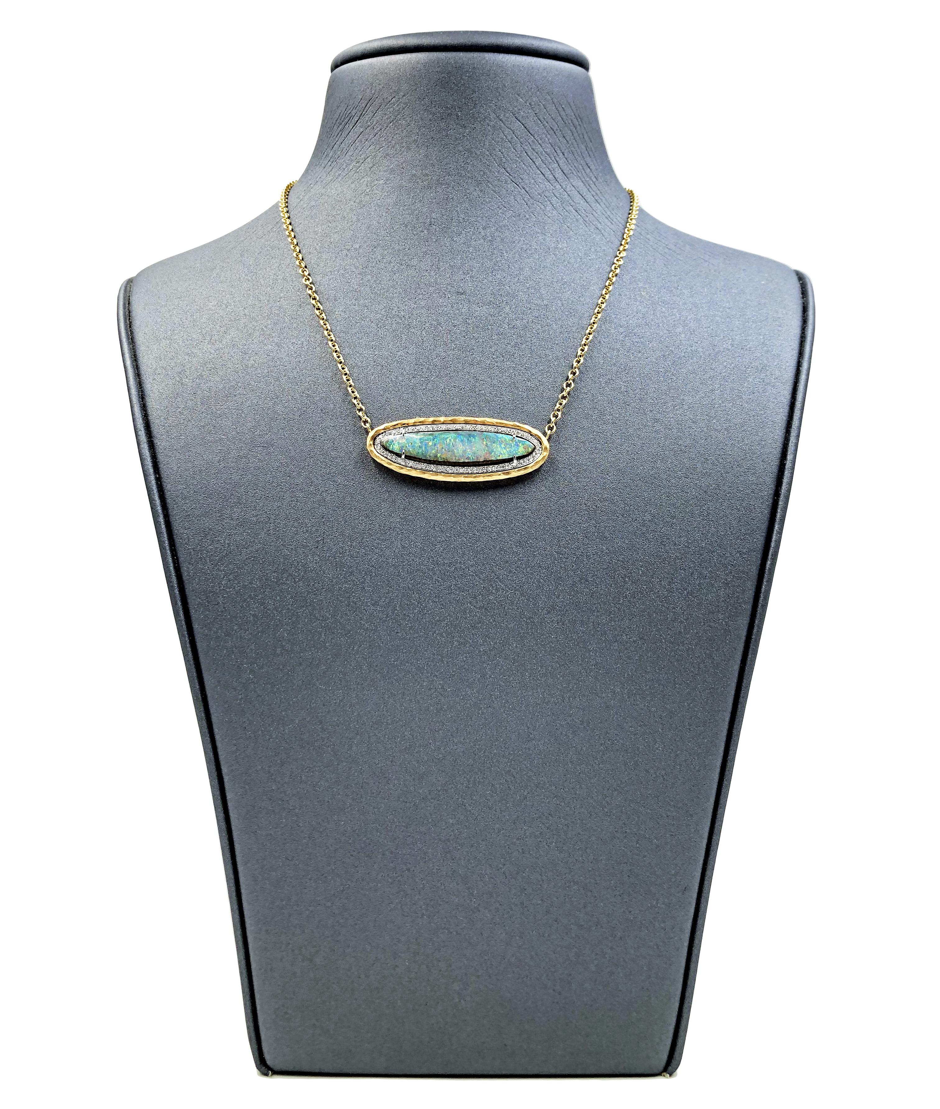 One-of-a-Kind Necklace handcrafted by award-winning jewelry designer Pamela Froman in her signature hammered and matte-finished 18k yellow gold with an exceptional 9.54 carat Australian boulder opal exhibiting vibrant flash and multiple color