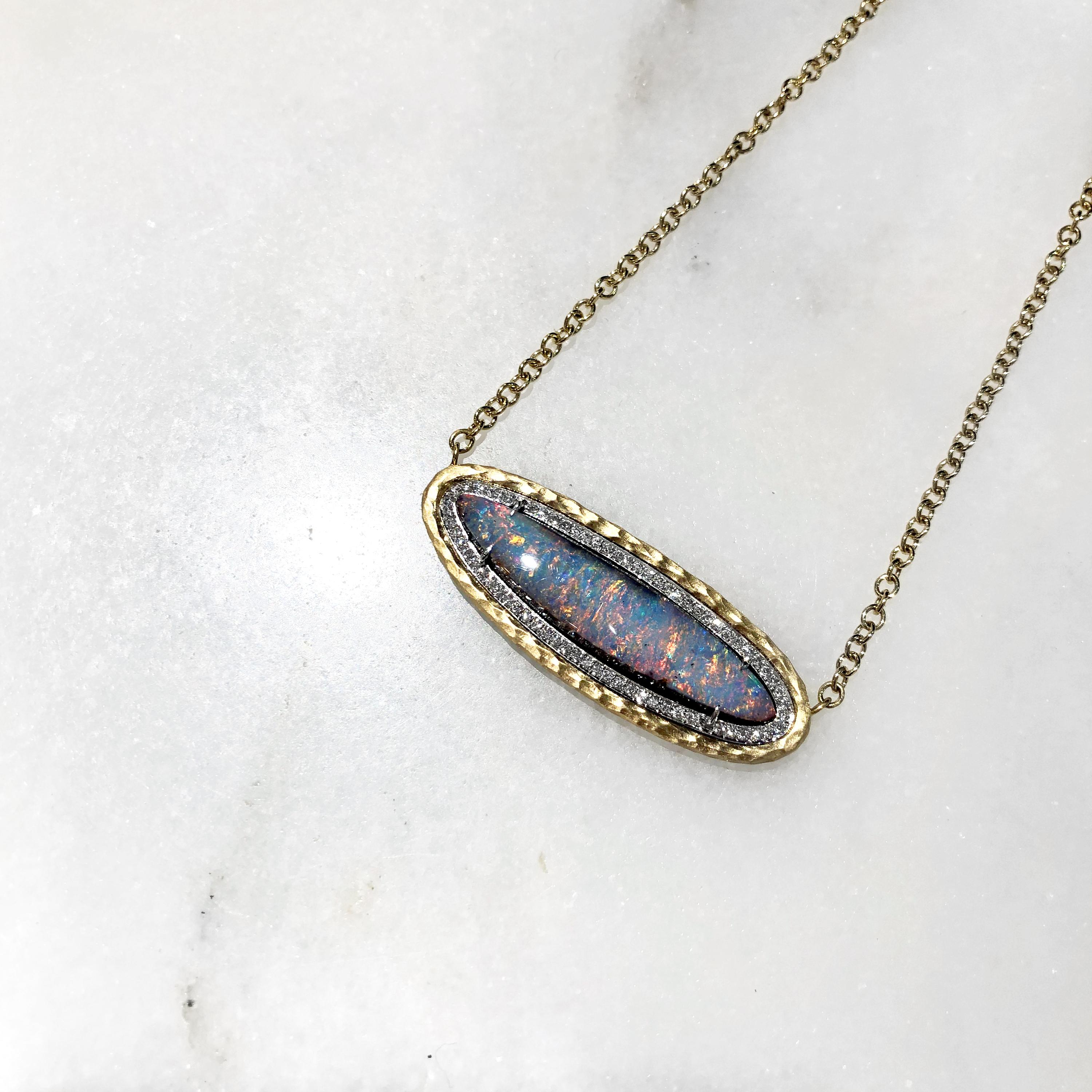 Round Cut Pamela Froman Fiery Boulder Opal White Diamond Gold One of a Kind Necklace