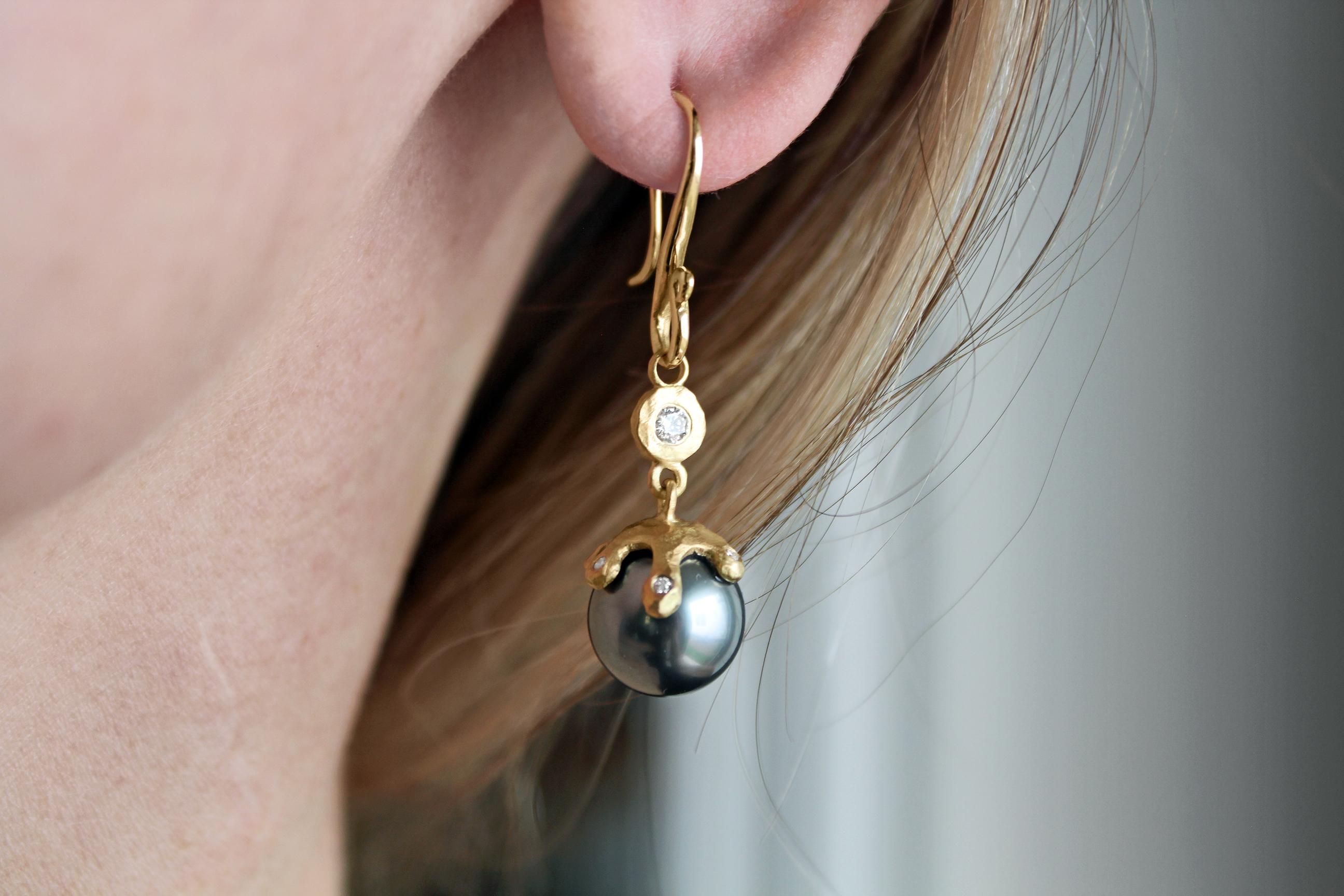 One of a Kind Drip Cap Earrings handcrafted by award winning jewelry artist Pamela Froman in her signature-finished, hand-hammered 18k yellow gold featuring a matched pair of spectacular, lustrous Tahitian pearls accented with round brilliant-cut