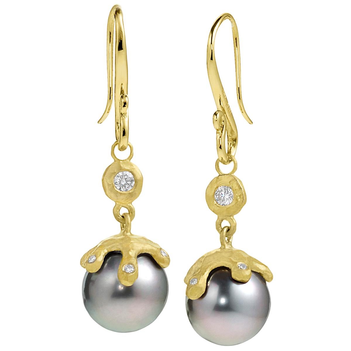 Pamela Froman Fine Tahitian Pearl White Diamond Gold Handmade Drip Cap Earrings