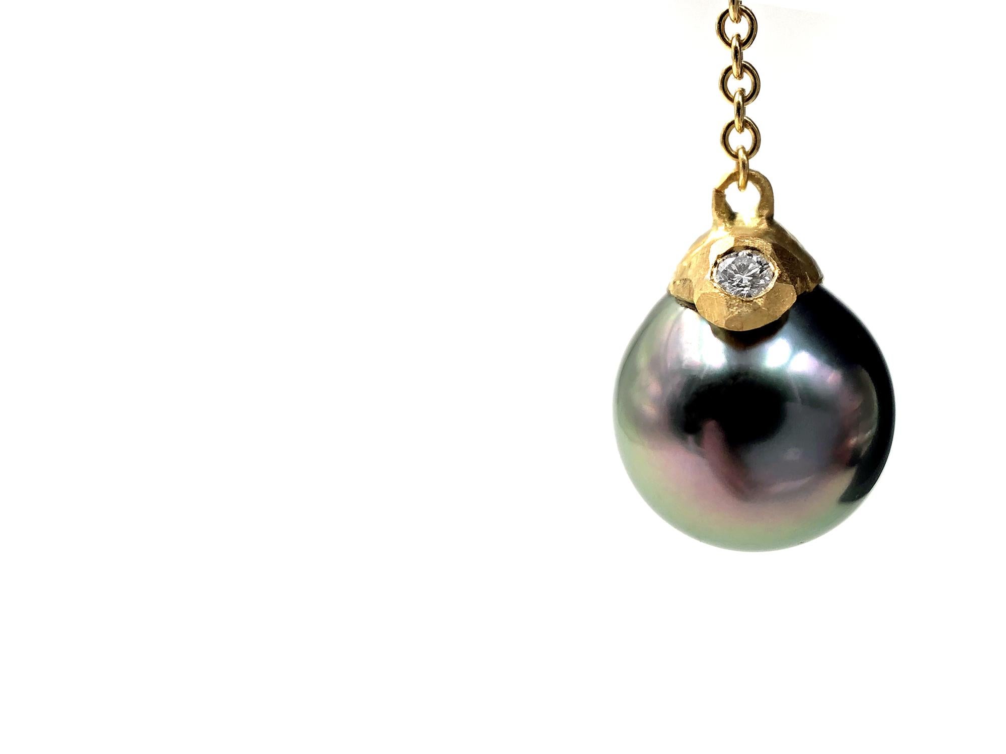 Artist Pamela Froman Fine Tahitian Pearl White Diamond Gold Lariat Drop Necklace