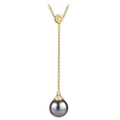 Pamela Froman Fine Tahitian Pearl White Diamond Gold Lariat Drop Necklace