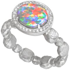 Pamela Froman Rare Lightning Ridge Black Opal Crystal White Diamond Gold Ring