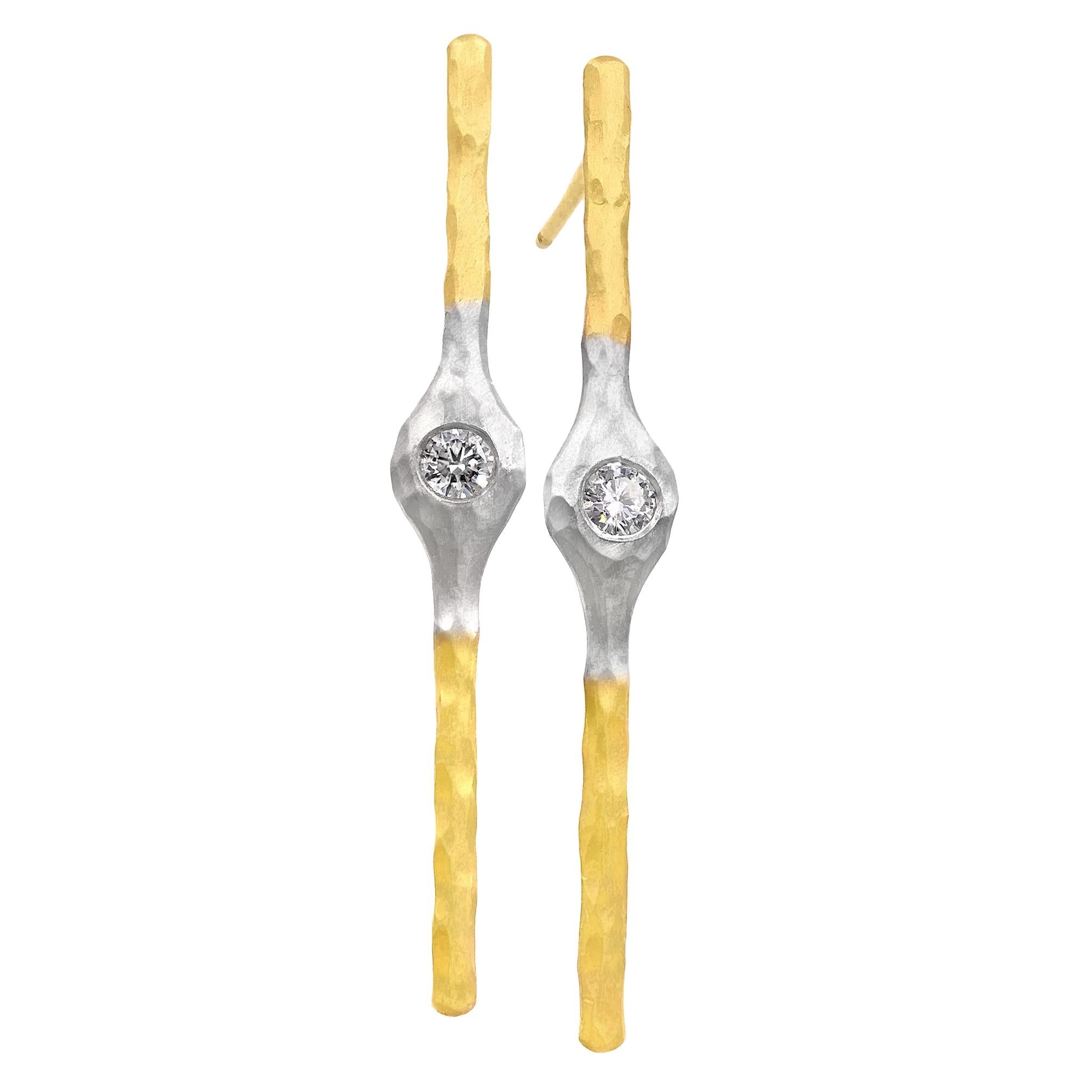Pamela Froman White Diamond Yellow and White Hammered Gold Stick Earrings