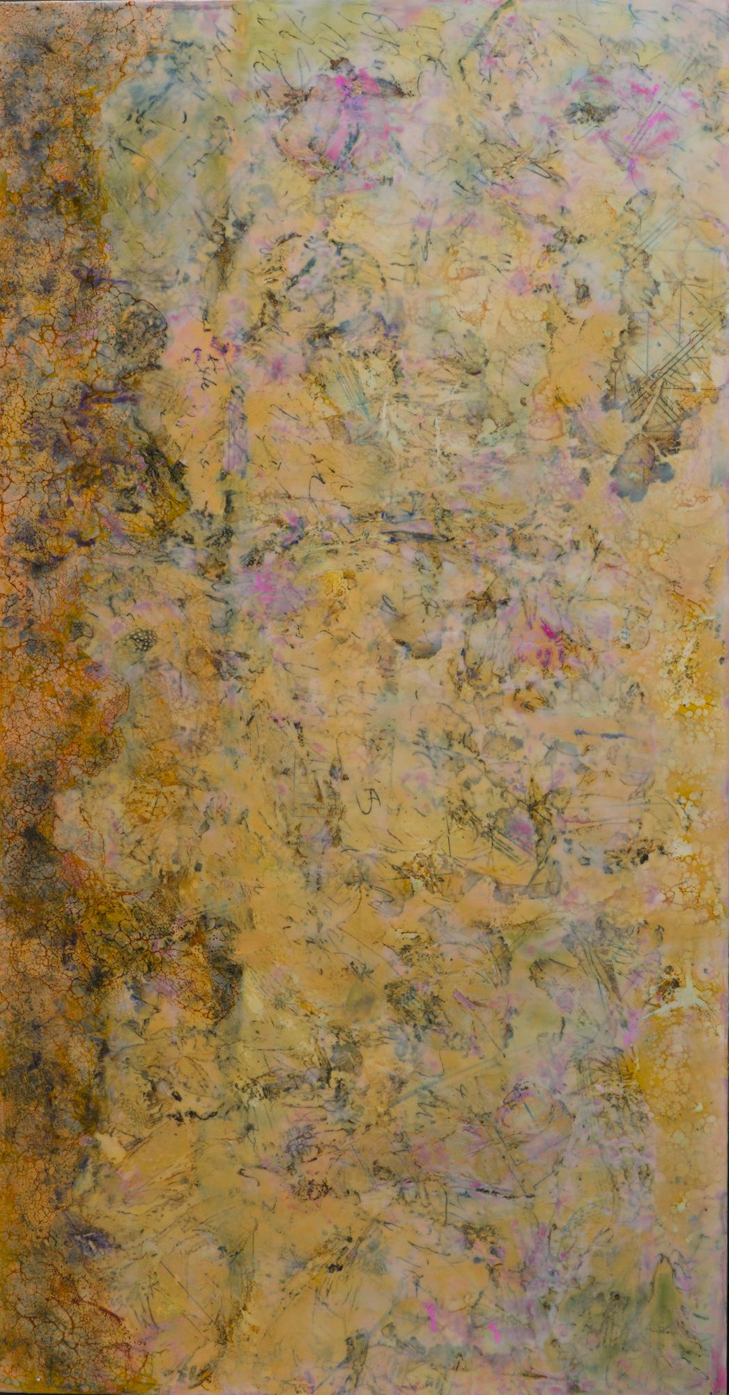 A large vertical encaustic abstract painting in beautiful yellow, pink, and teal hues by Pamela Gibson. This gorgeous painting brightens the room with its vibrant array of colors and textures, rendered with the unique glean of beeswax. Hidden