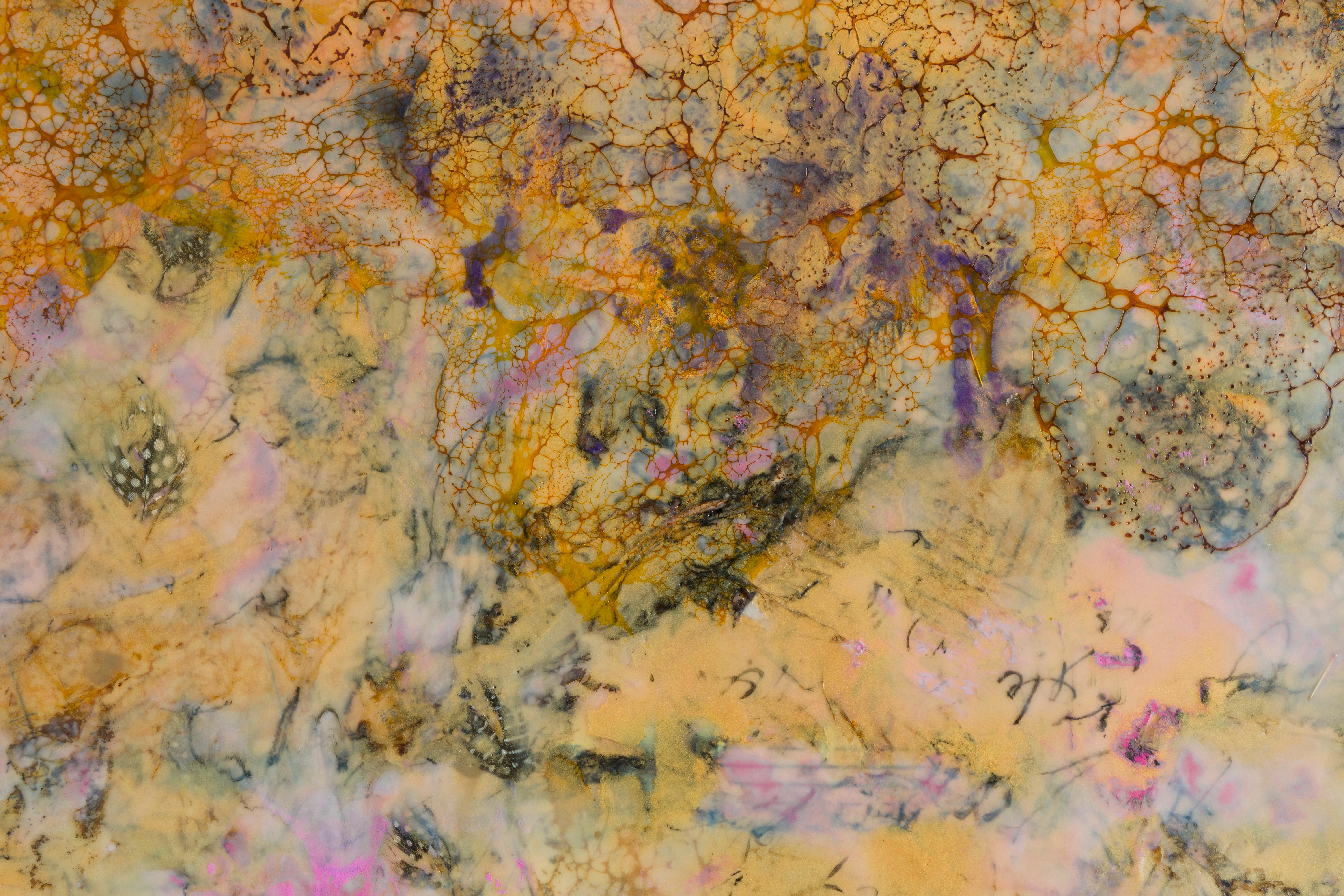 A large horizontal encaustic abstract painting in beautiful yellow, pink, and teal hues by Pamela Gibson. This gorgeous painting brightens the room with its vibrant array of colors and textures, rendered with the unique glean of beeswax. Hidden
