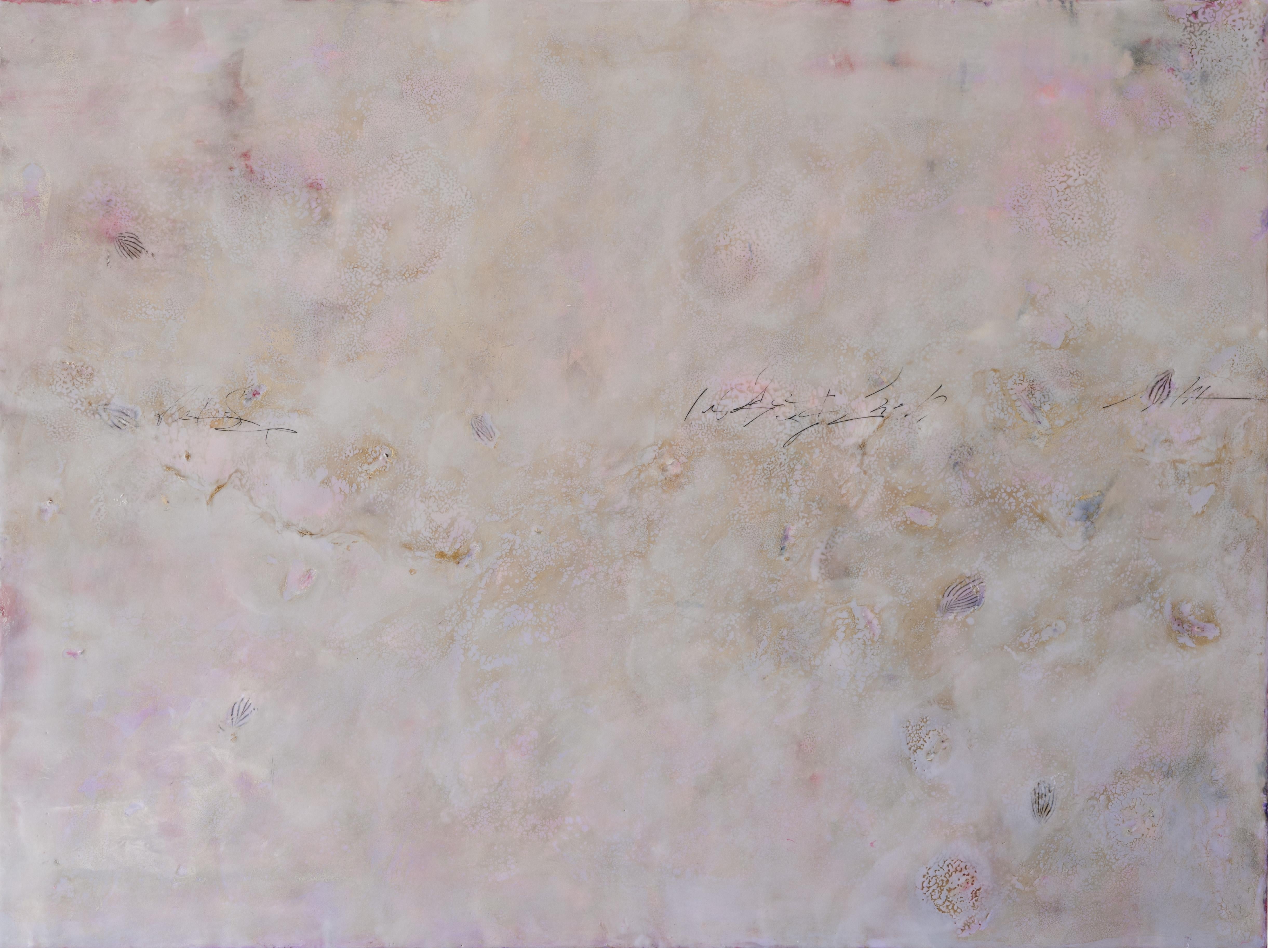 A horizontal pink, pearl, and violet abstract encaustic painting by Pamela Gibson. Signature of her work, Gibson draws from the colors and patterns of the natural landscape while creating her abstract works. In this piece, the gentle rippling light