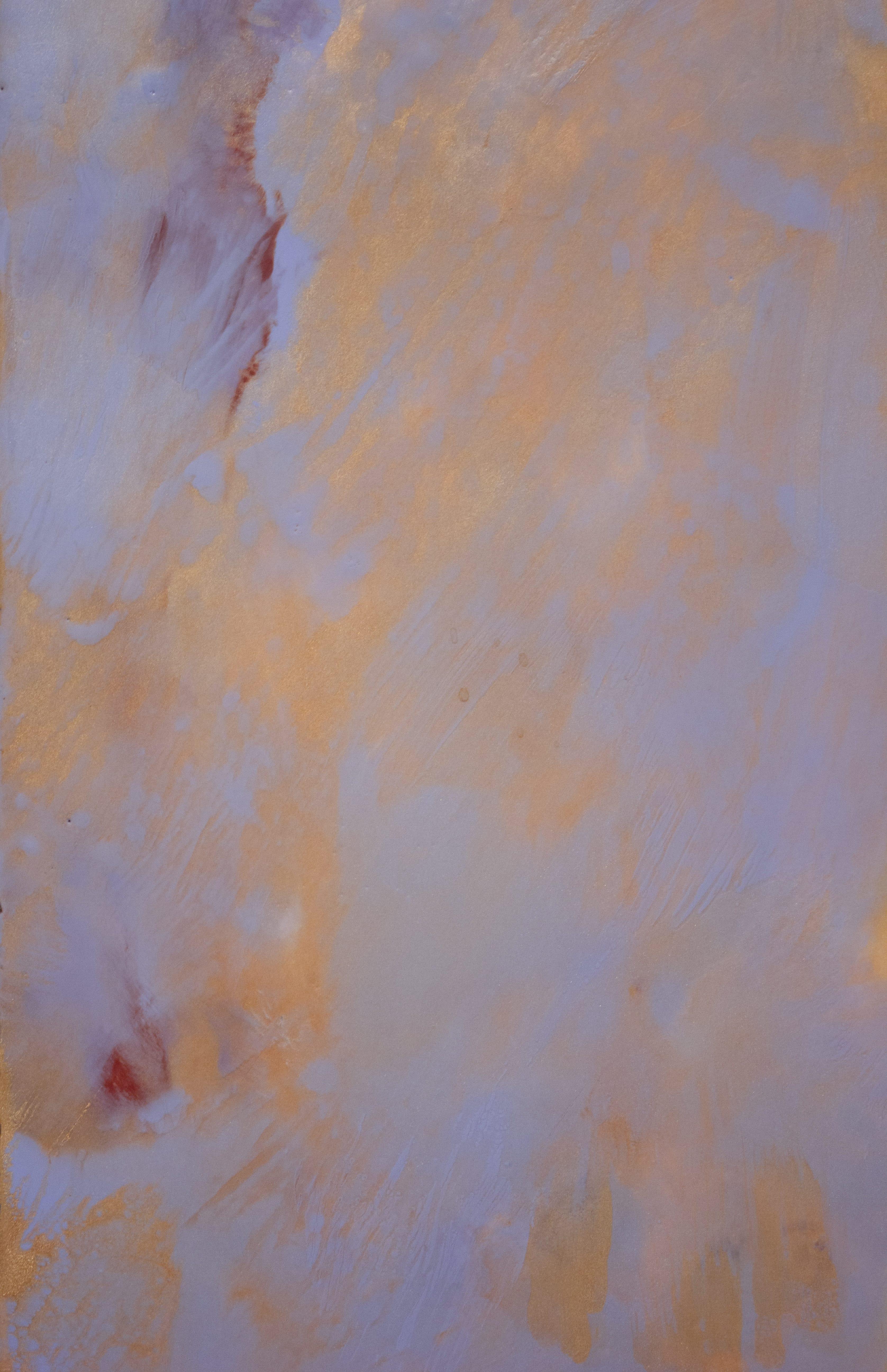 A vertical encaustic painting in vibrant purple, blue, orange and gold by Pamela Gibson. Gibson's abstract work often references the natural world, and the unique dimensions of this work combined with its beautiful color palette form an image