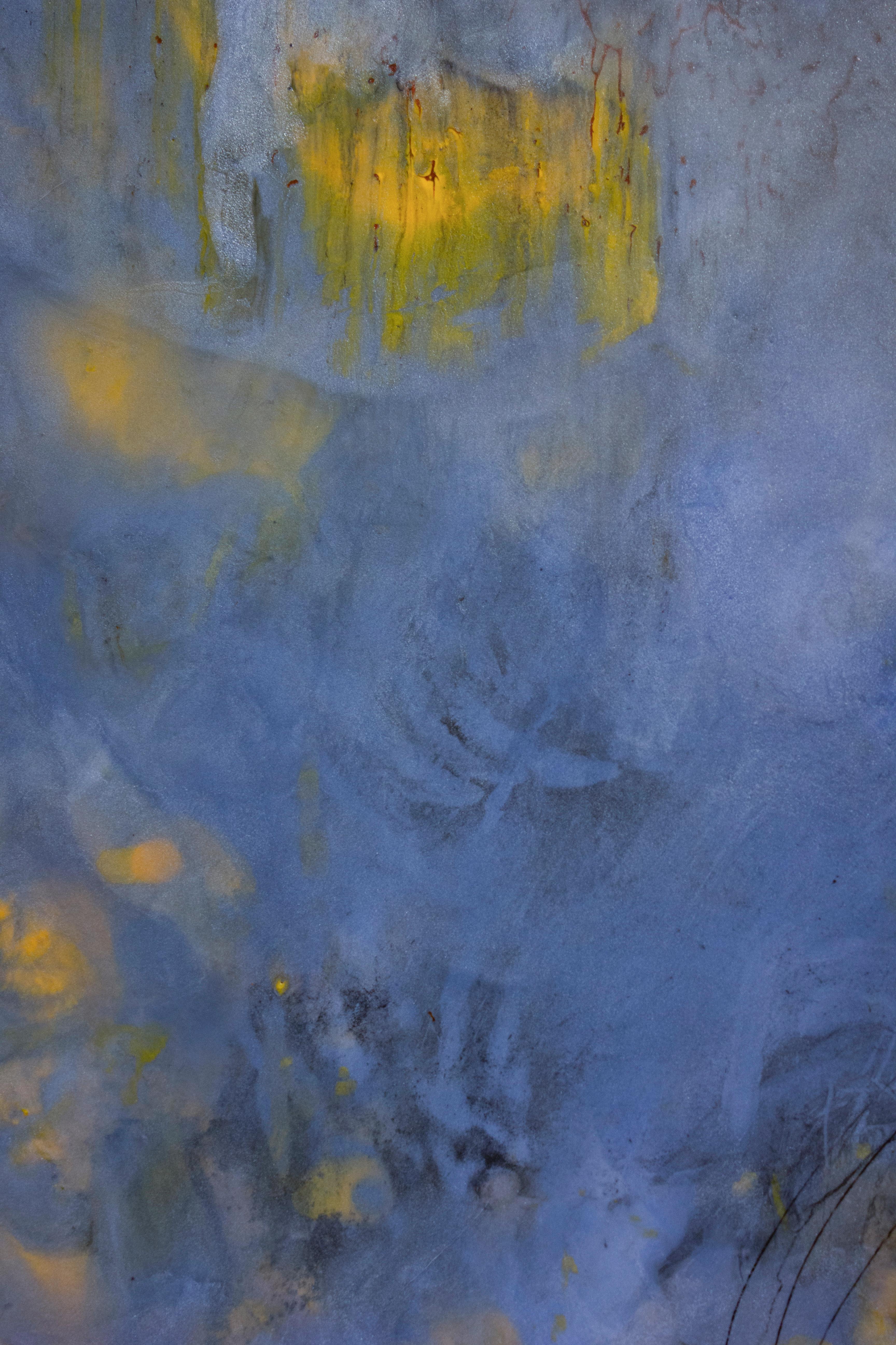 A vertical encaustic painting in vibrant blues and yellows. Gibson's abstract work often references the natural world, and the unique dimensions of this work combined with its beautiful color palette form an image reminiscent of a morning sky