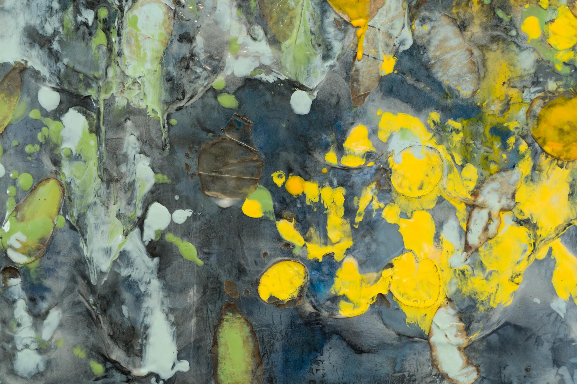 A large square encaustic abstract landscape painting in bright yellows, burnt oranges, and deep blues by Pamela Gibson. The work features Gibson signature style of thick textures and drips, highlighting the weight and glean of the beeswax medium,