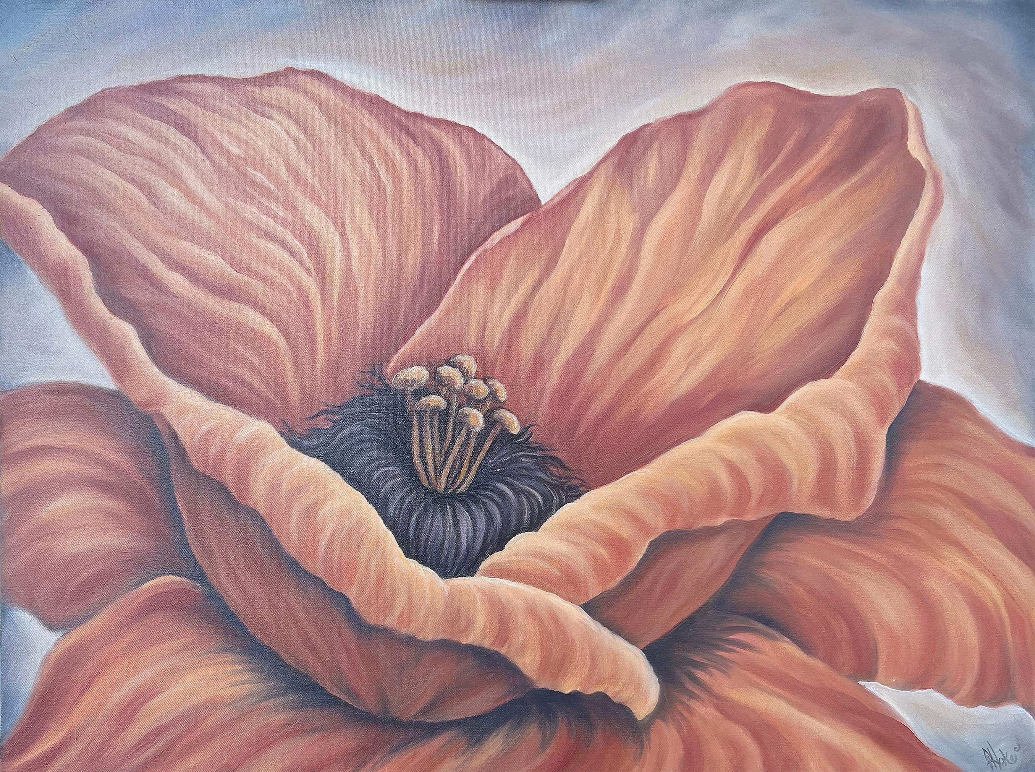 Pamela Hoke Still-Life Painting - Fiery Heart Poppy, Oil Painting